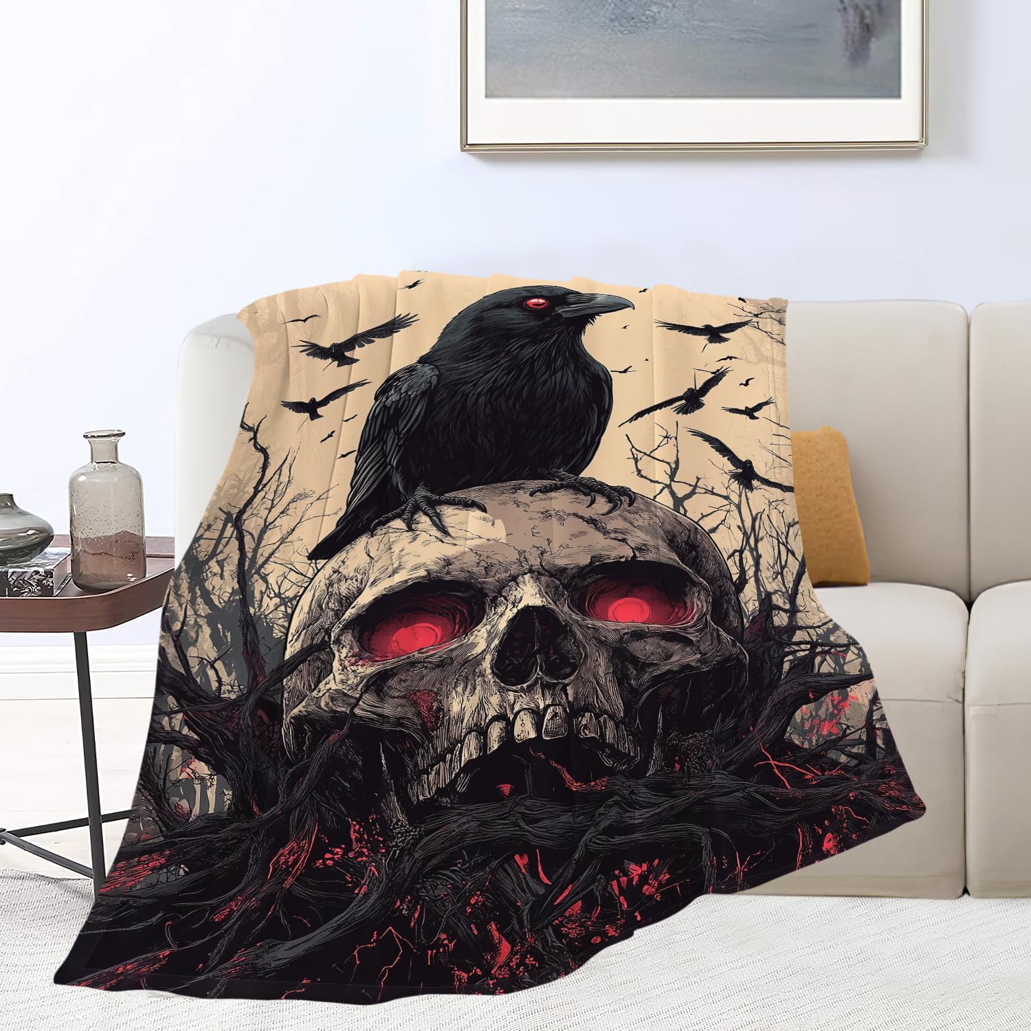 Skull Blanket Skeleton Throw Blanket Crow Gifts for Men Women Boys Girls Kids Adults Super Soft Cozy Plush Fluffy Fuzzy Fleece Blanket Decor 40''X50''