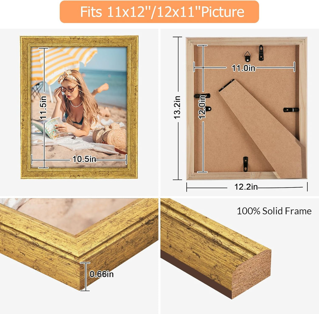Wood 11x12 Frame Gold, Ornate Natural Wooden 12x11in Picture Frames, Modern Golden 11 x 12inch Gallery Photo Pic Frame with HD Plexiglass, Horizontal Vertical Wall Mounting Tabletop Display 1Pcs