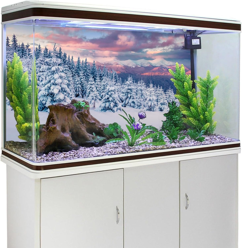 YongFoto Winter Snow Scene Fish Tank Background 36x14 inch Snowfield Pine Forest Rime Sunglow Rosy Clouds Polyester Backdrop Reptile Terrarium Aquarium Bearded Dragon Habitat Background