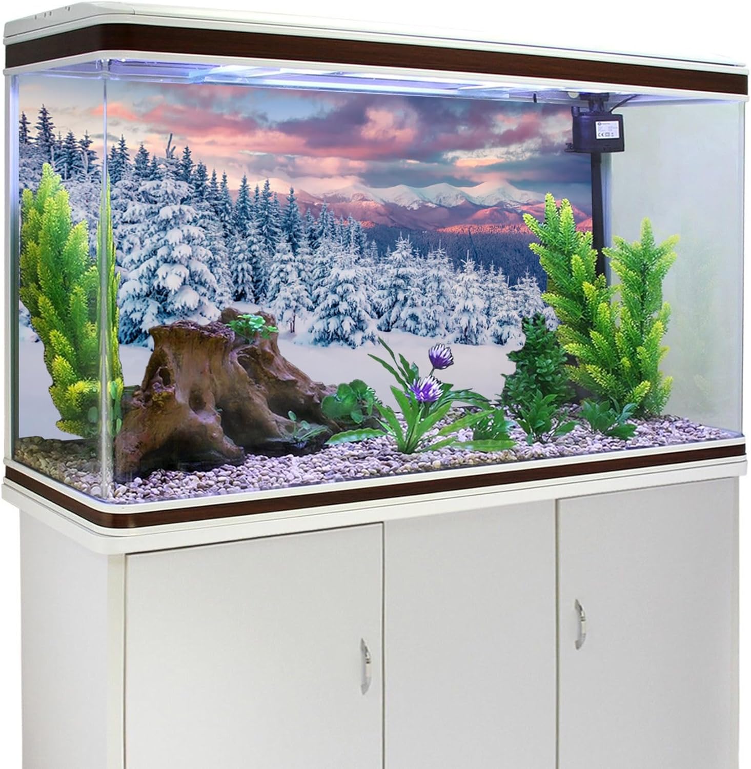 YongFoto Winter Snow Scene Fish Tank Background 24x16 inch Snowfield Pine Forest Rime Sunglow Rosy Clouds Polyester Backdrop Reptile Terrarium Aquarium Bearded Dragon Habitat Background