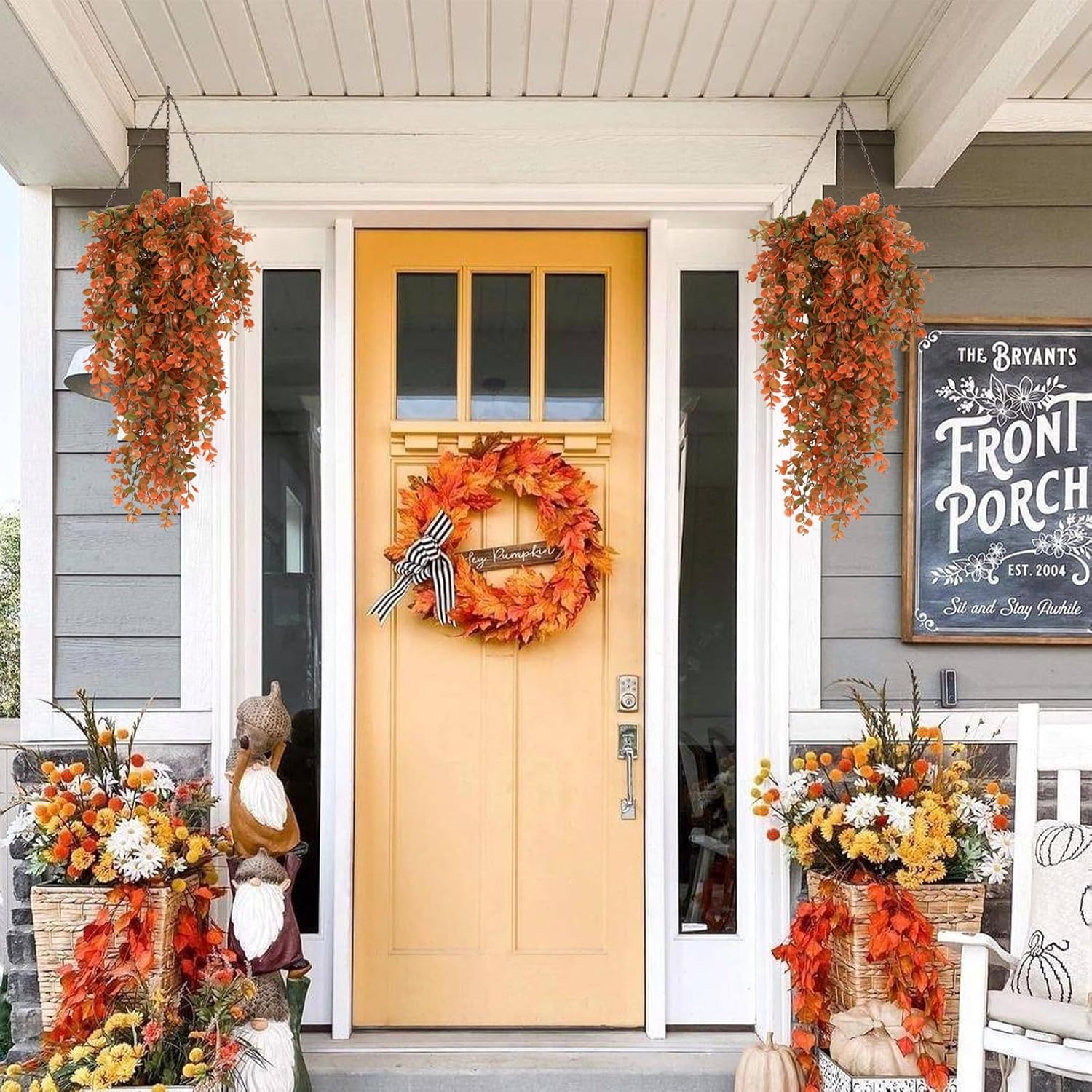RECUTMS Artificial Fall Flowers Artificial Hanging Plants Faux Autumn Plants Faux Hanging Plants Fake for Indoor Outdoors,No Basket (Orange)