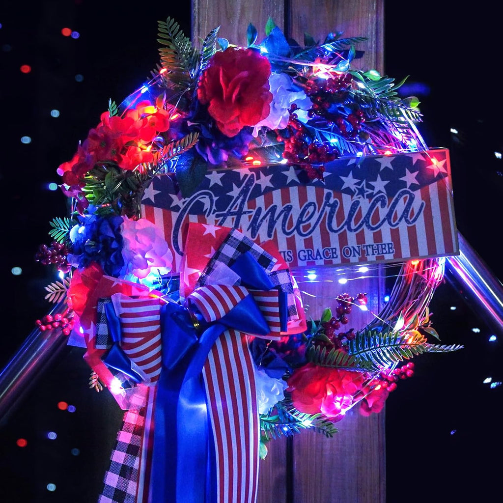 JMEXSUSS 2 Pack Red White and Blue Fairy Lights Battery Operated, Total 200 LED 66ft Battery Powered Twinkle Light with Remote, 8 Modes Red White and Blue String Lights for 4th of July Decorations