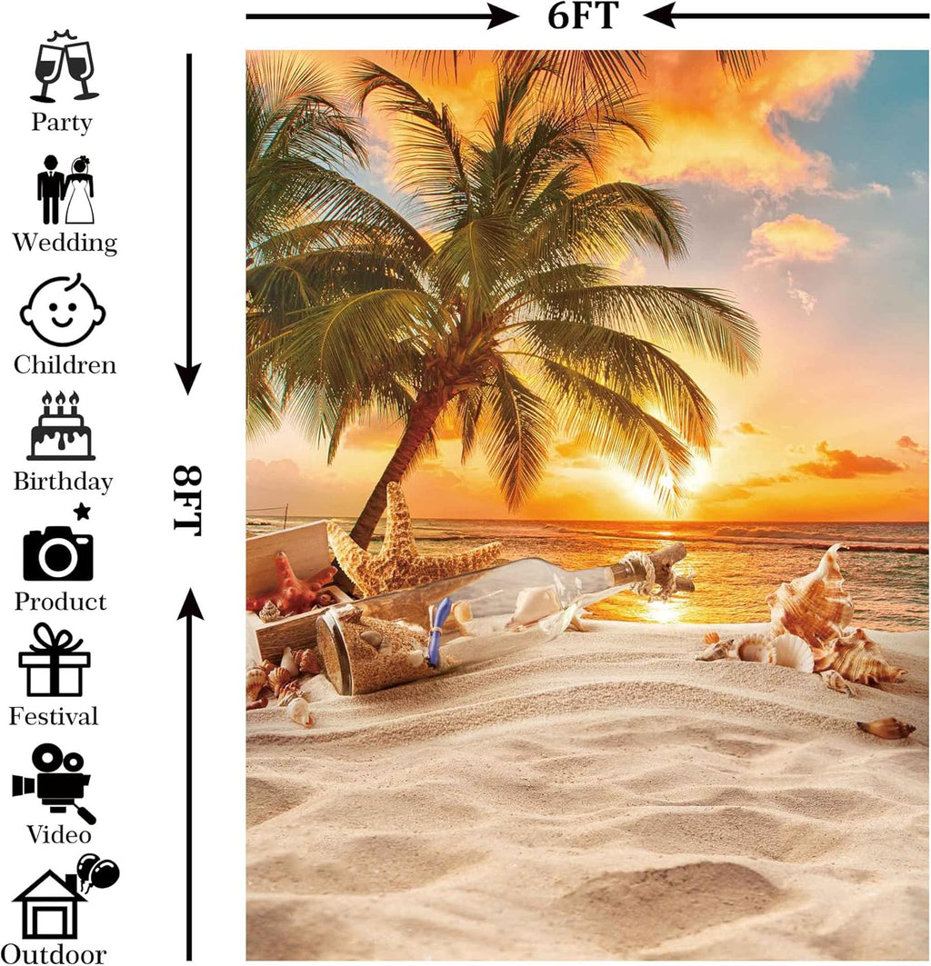 6X8ft Polyester Summer Beach Seaside Sunset Backdrop Tropical Hawaiian Ocean Palm Tree Photography Background for Aloha Luau Party Decoration Supplies Banner Photo Booth Props