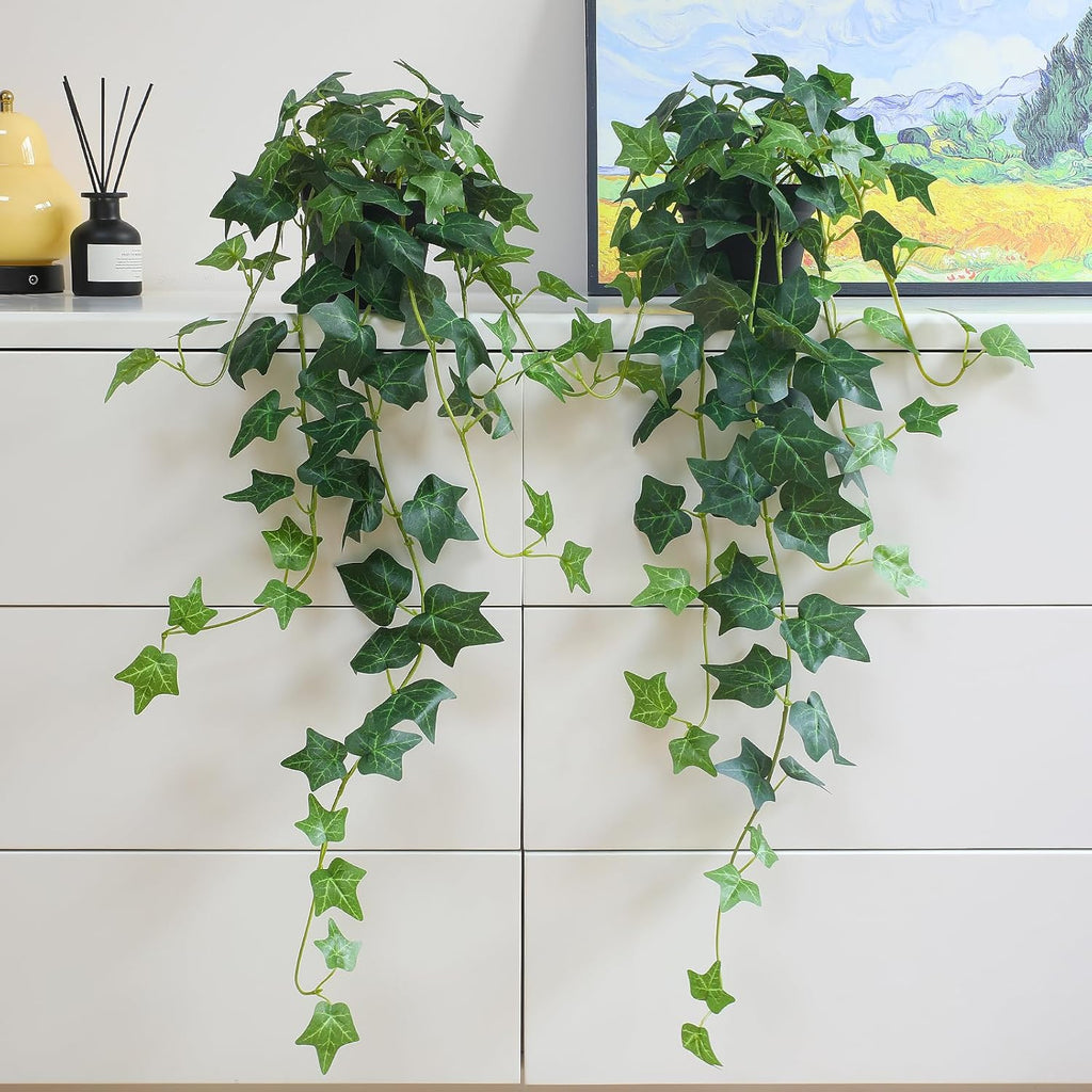 alyptus Fake English Ivy Plants in Pots Set of 2 – Realistic Artificial Ivy Greenery for Home Decor, Tabletop, Office, Shelf, or Bathroom – Lifelike Faux Hanging Vines, No Maintenance Required