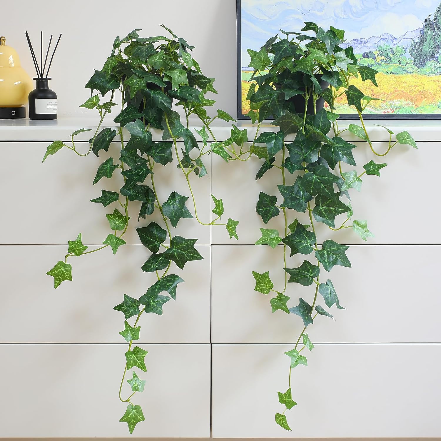 alyptus Fake English Ivy Plants in Pots Set of 2 – Realistic Artificial Ivy Greenery for Home Decor, Tabletop, Office, Shelf, or Bathroom – Lifelike Faux Hanging Vines, No Maintenance Required