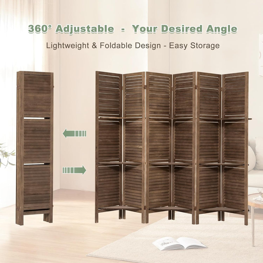6 Panel Room Divider with Shelves Wood Privacy Screen Partition Room Dividers Folding Freestanding Room Screen Divider with Display Shelves for Home Office Studio Apartment, Dark Brown