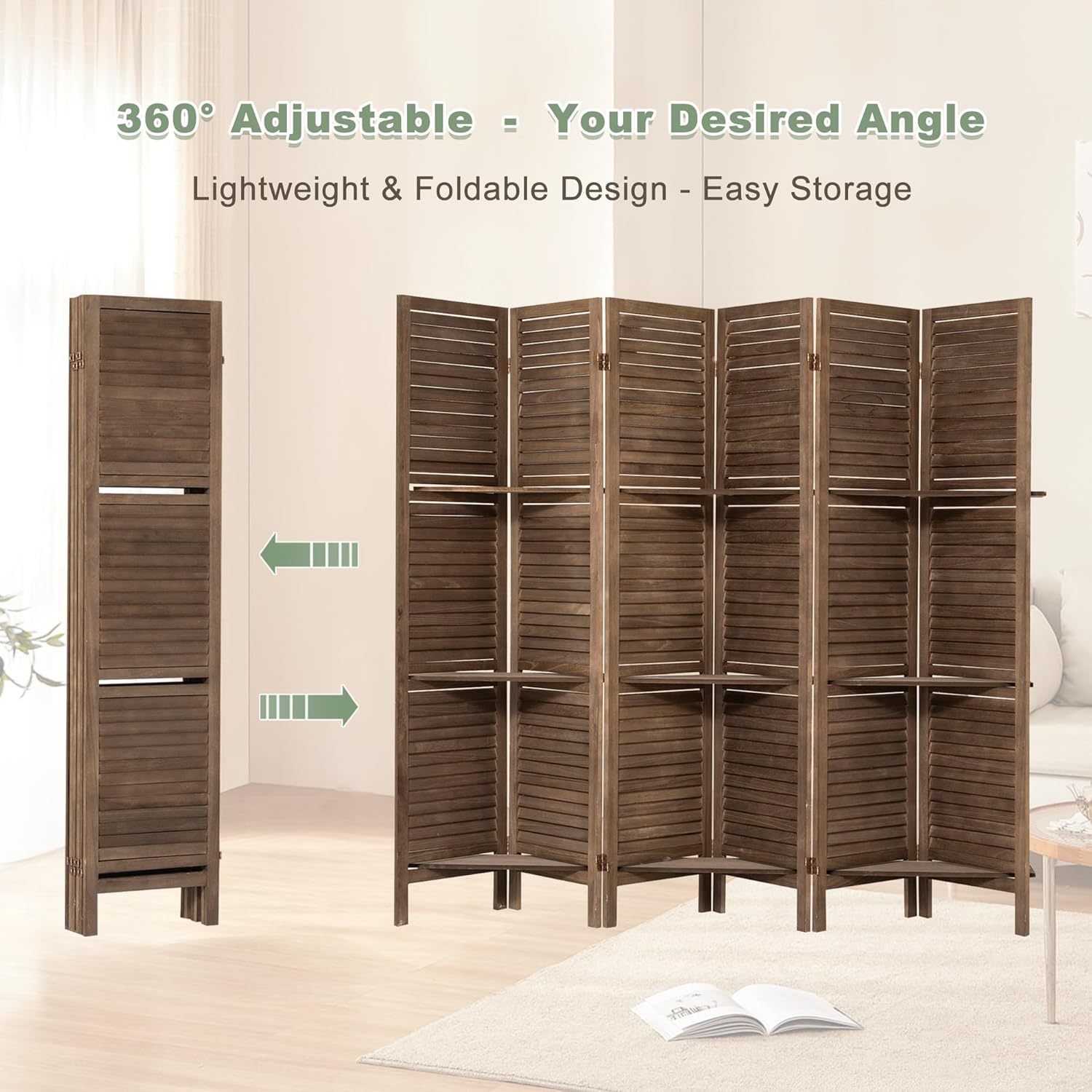 6 Panel Room Divider with Shelves Wood Privacy Screen Partition Room Dividers Folding Freestanding Room Screen Divider with Display Shelves for Home Office Studio Apartment, Dark Brown