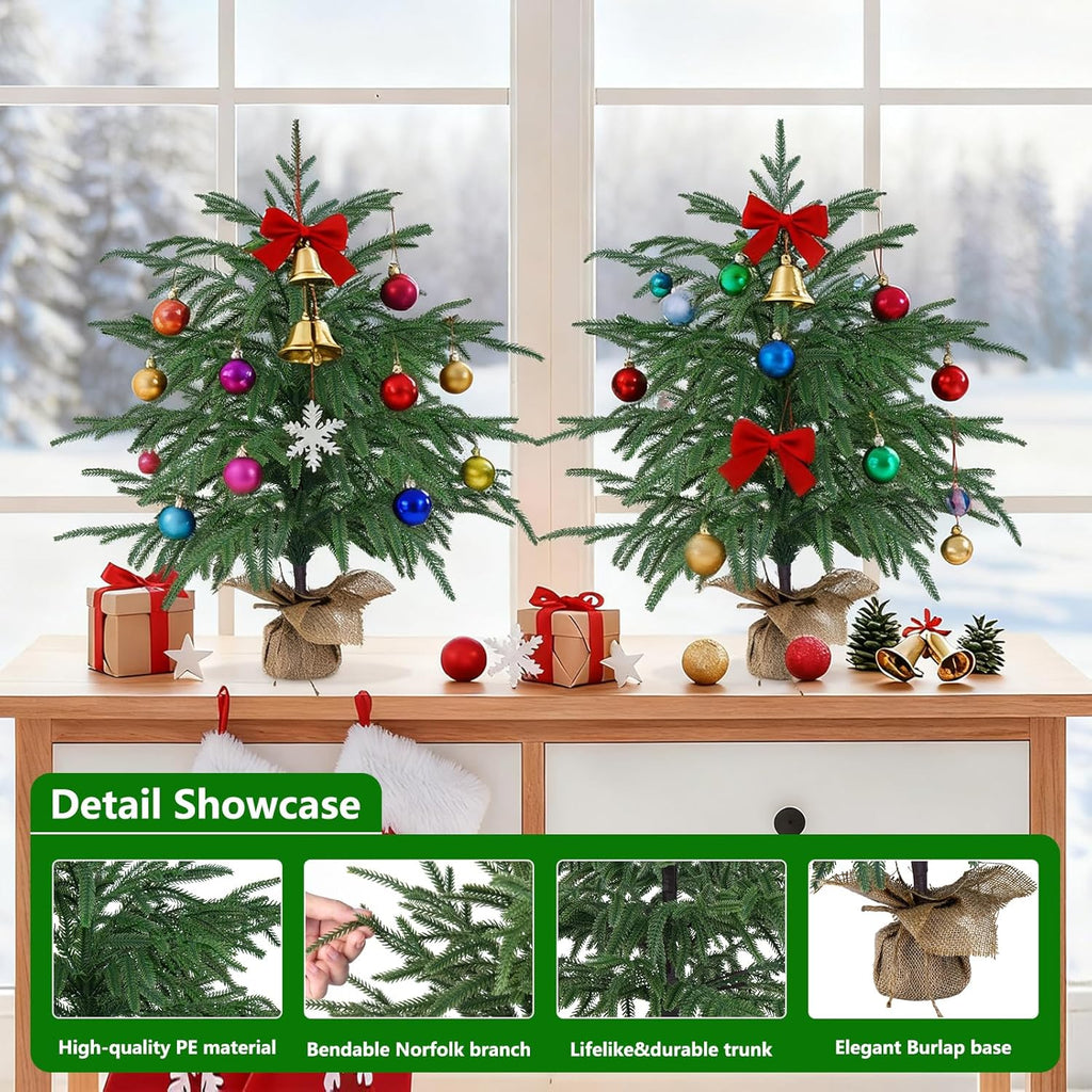 2FT Artificial Norfolk Pine Tree with Decorative Pot - Tabletop UV Protection Faux Tree Fake Plants with PE Branch for Indoor Outdoor Home Front Porch Christmas Decor