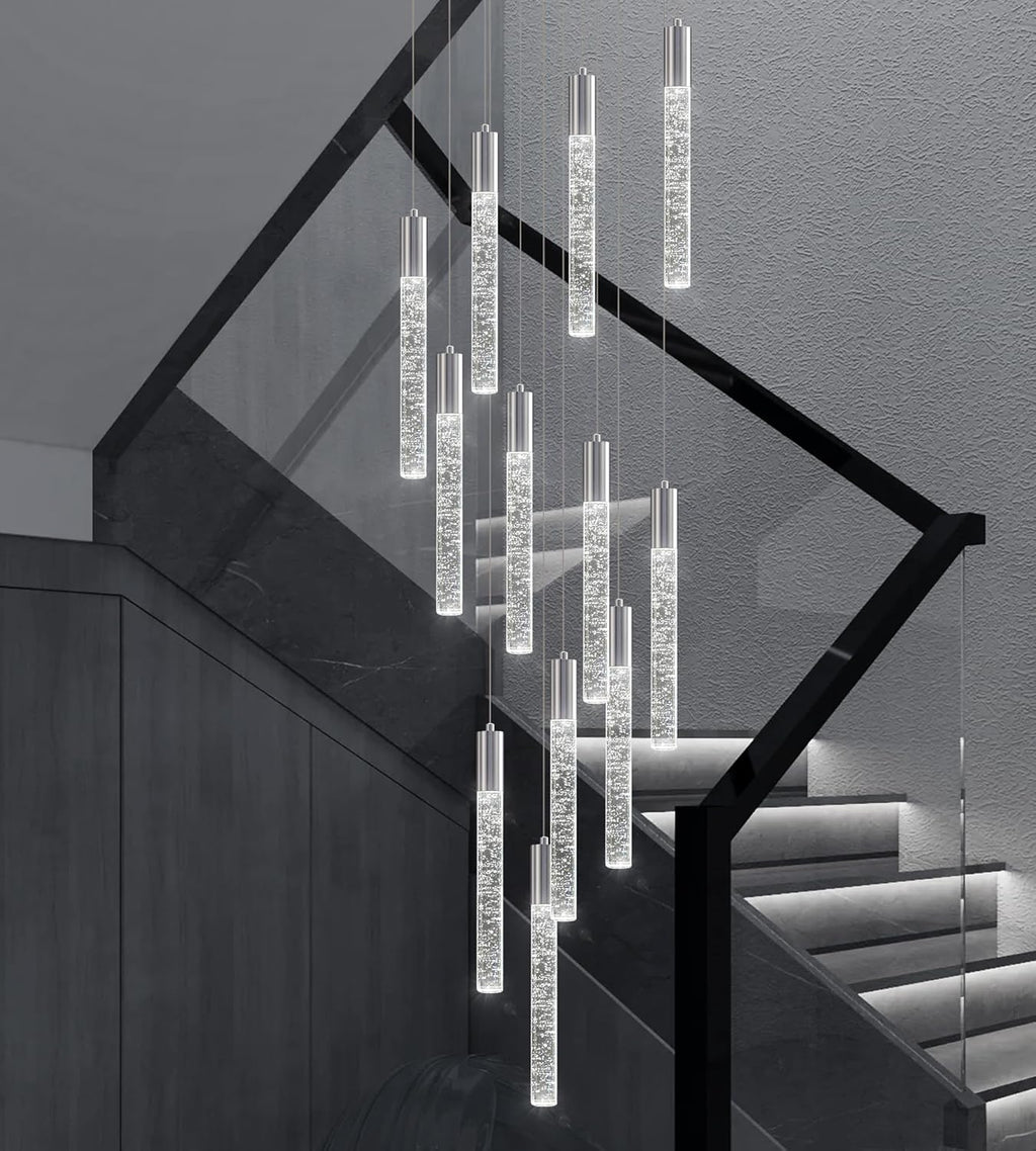 Modern High Ceiling Crystal Chandelier 12-Lights, Large Spiral LED Raindrop Foyer Pendant Lighting, Bubble Staircase Living Room Hanging Light Fixture Flush Mount Chrome