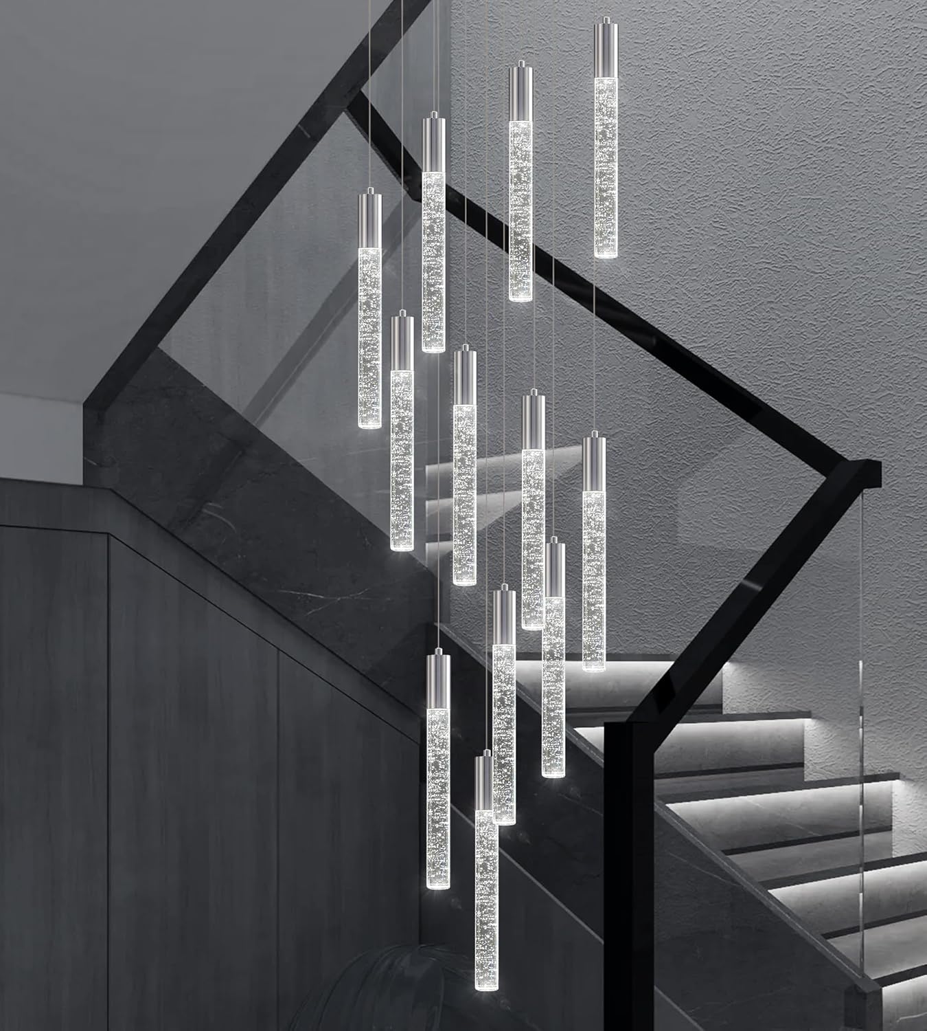 Modern High Ceiling Crystal Chandelier 12-Lights, Large Spiral LED Raindrop Foyer Pendant Lighting, Bubble Staircase Living Room Hanging Light Fixture Flush Mount Chrome