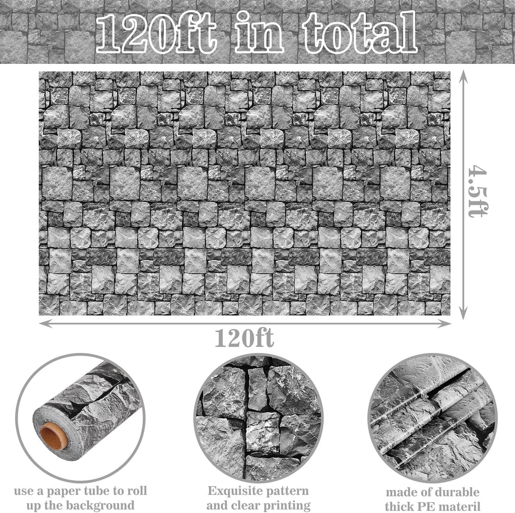 Medieval Brick Stone Wall Tablecloth Roll with Cutter Box Disposable Plastic Table Covers Castle Backdrop Grey Antique Background Knight Themed for Birthday Halloween Party (120 feet)