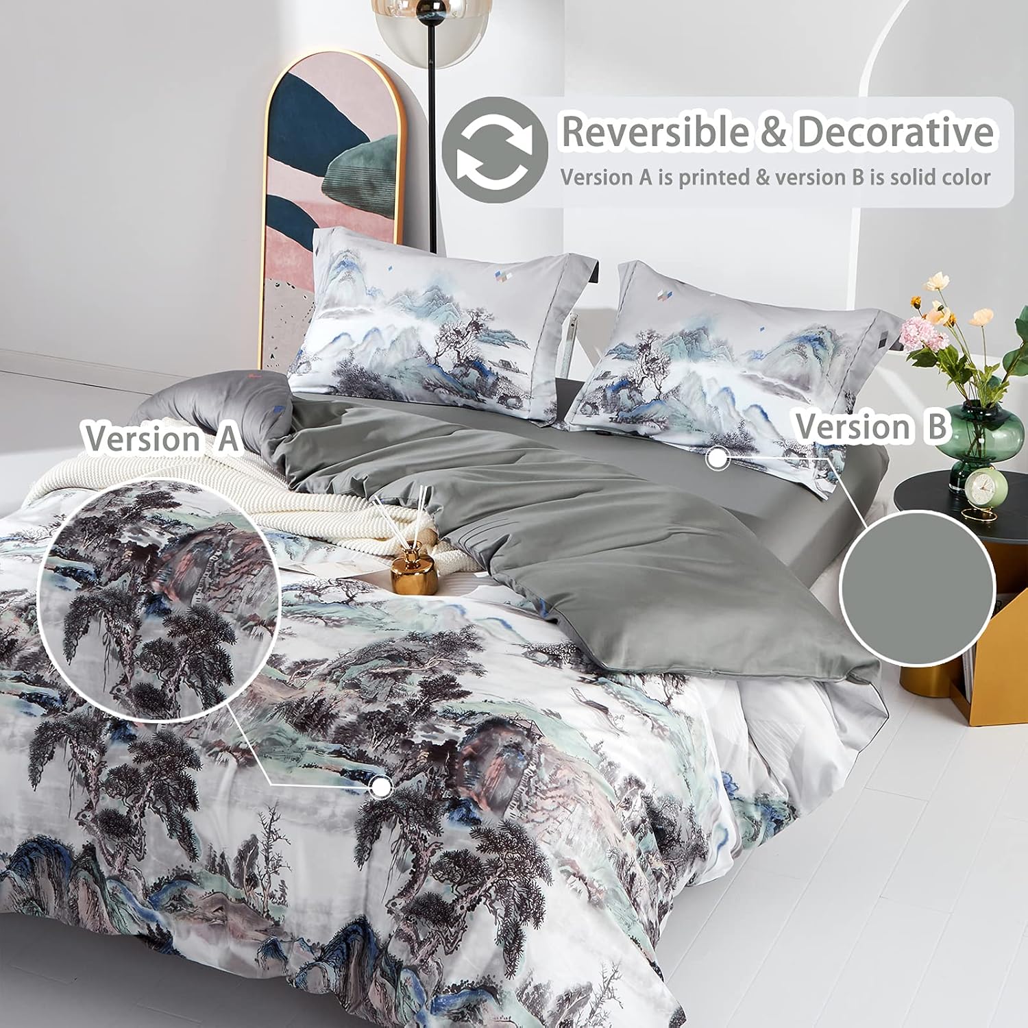 MILDLY 100% Long-Staple Cotton Duvet Cover Set Mountain Scenery Pattern Printed Comforter Cover 3pcs, Ultra Soft & Breathable Bedding Set