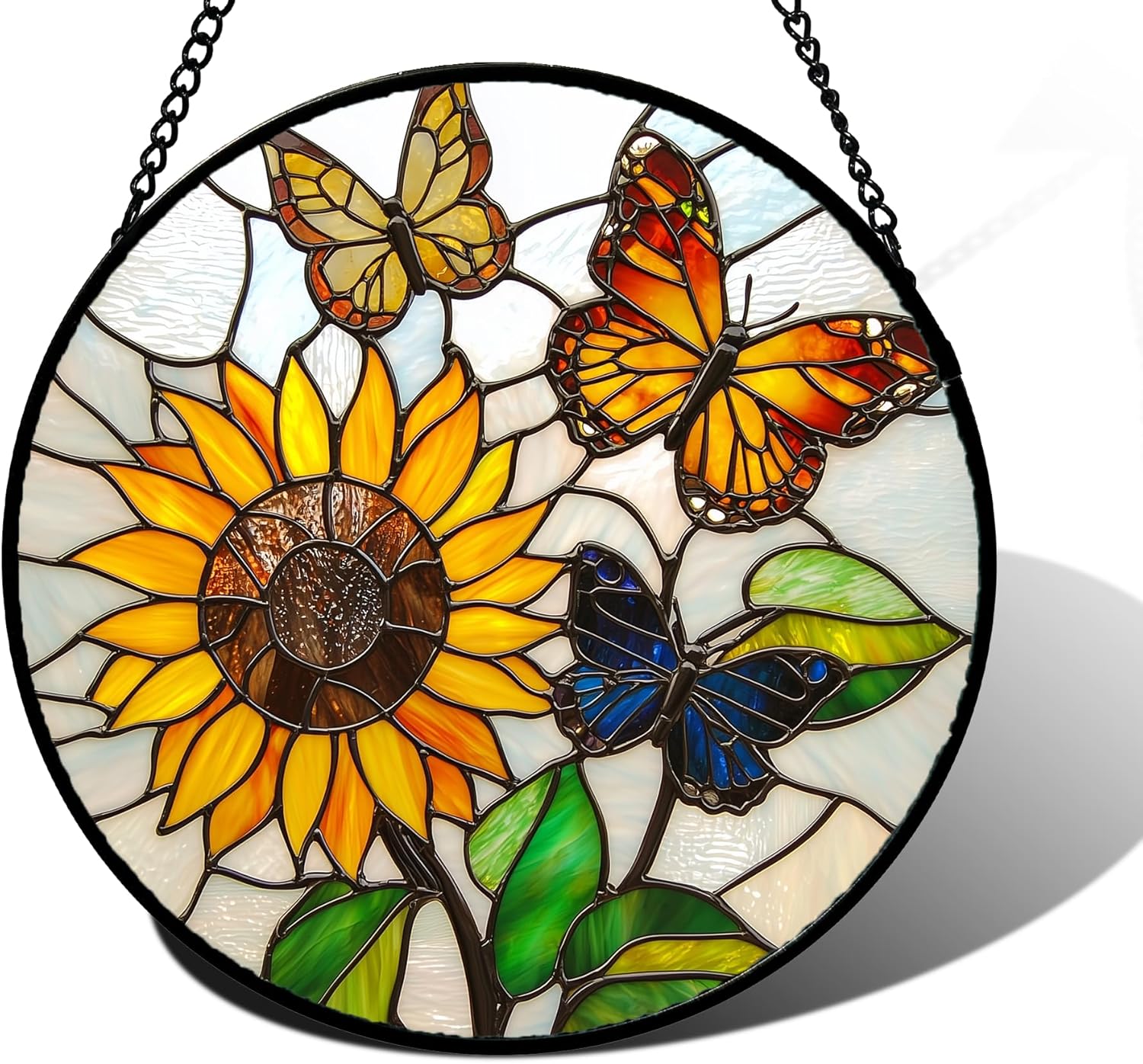 Stained Glass Window Hanging, Butterfly and Sunflowers Sun Catchers Glass Panel Plant Insects Suncatcher Decor for Birthday for Women, Men, Wife, Aunt, and Mom 9.8 in