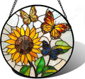 Stained Glass Window Hanging, Butterfly and Sunflowers Sun Catchers Glass Panel Plant Insects Suncatcher Decor for Birthday for Women, Men, Wife, Aunt, and Mom 6.3 in