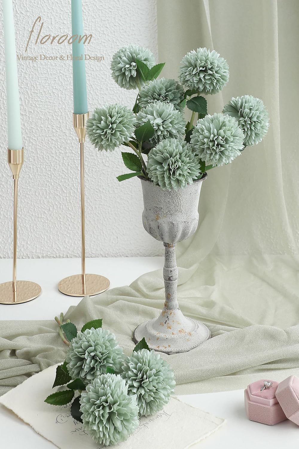 Floroom 12pcs Sage Green Faux Silk Mums Artificial Flowers Bulk Fake Chrysanthemums with Stems for DIY Wedding Table Centerpieces Floral Arrangements Vase Fillers Home Decorations
