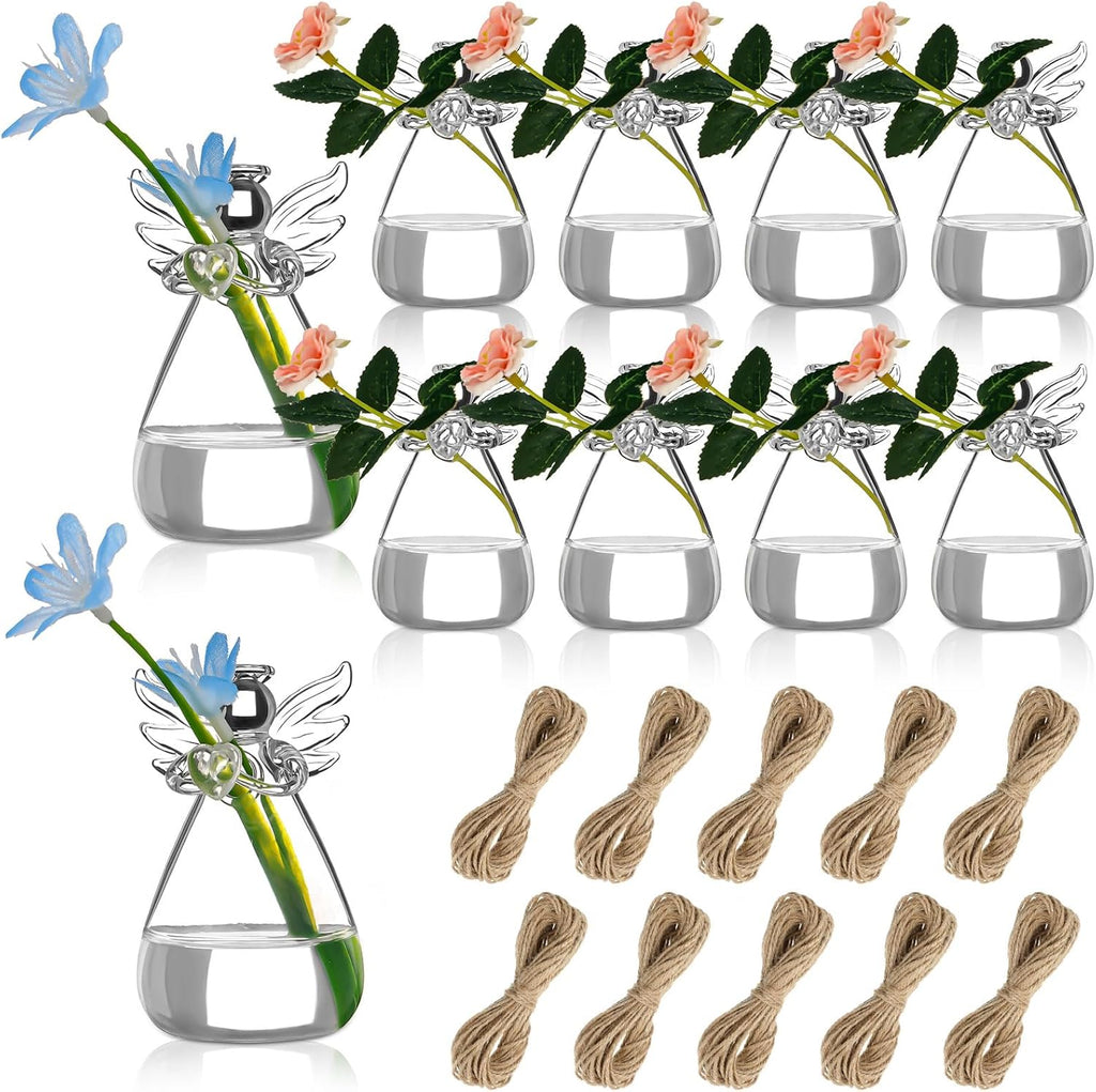 10 Pcs Angel Design Glass Vases Bulk Clear Guardian Angel Flower Vase Angel Centerpieces for Tables Plant Terrarium Container Wedding Decor Garden Ornaments Hanging Planter for Buds Greenery