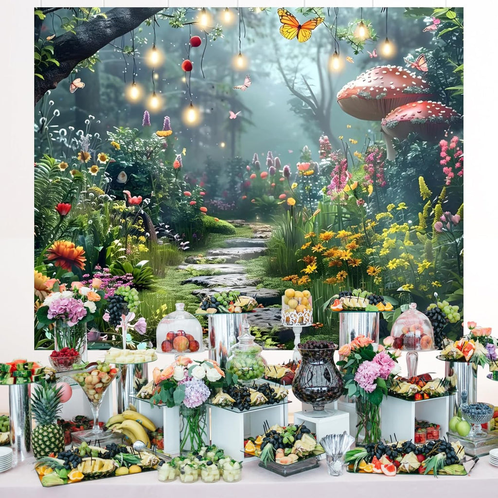 AOFOTO Rainforest Backdrop Colorful Forest Phtography Backdrop Flower Mushroom Butterfly Plants Quiet Path Fairytale Background Photoshoot Background Photo Booth Prop 7x5ft