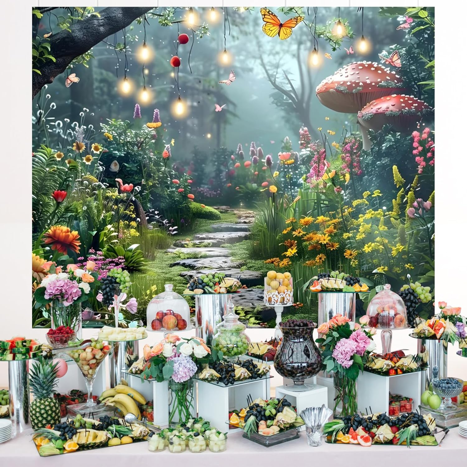 AOFOTO Rainforest Backdrop Colorful Forest Phtography Backdrop Flower Mushroom Butterfly Plants Quiet Path Fairytale Background Photoshoot Background Photo Booth Prop 12x8ft