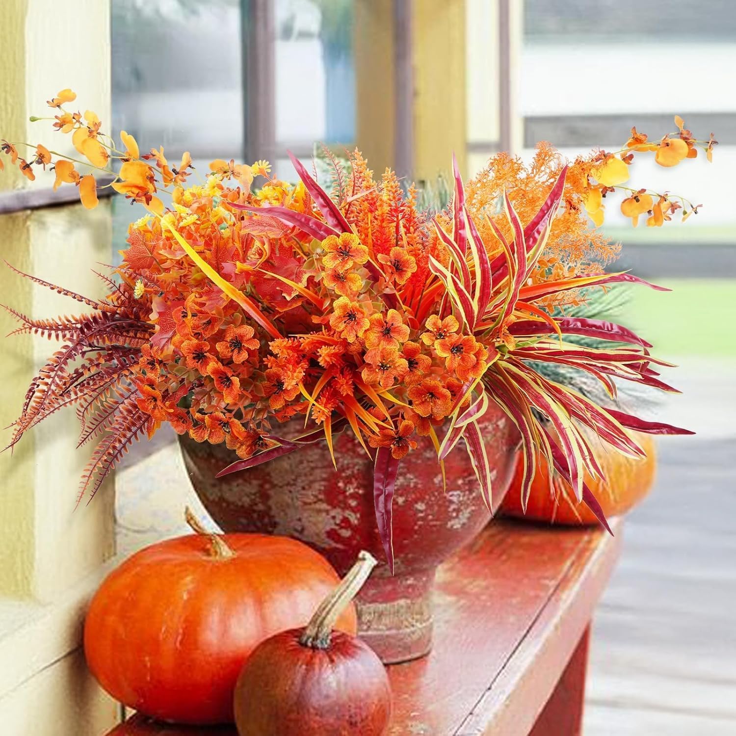GTIDEA 19 Bundles Artificial Fall Flowers for Outdoors UV Resistant Faux Autumn Plants Plastic Flowers Outside Faux Fall Plants Bushes for Planter Window Box Porch Indoor Home Thanksgiving Decor