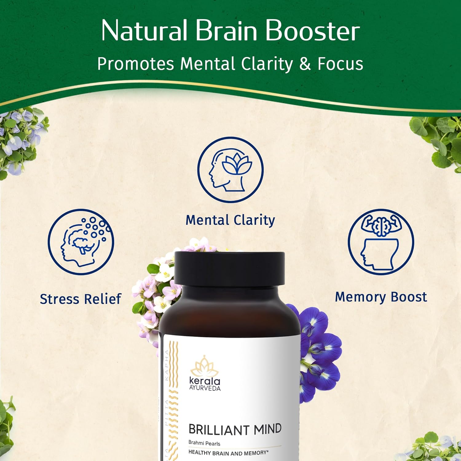 Kerala Ayurveda Brahmi (Bacopa Monnieri) Pearls - 60 Capsules | Ayurvedic Brain Health, Memory & Focus Herbal Supplement for Adults | Natural Focus & Stress Relief Brain Booster | Prop 65 Compliant