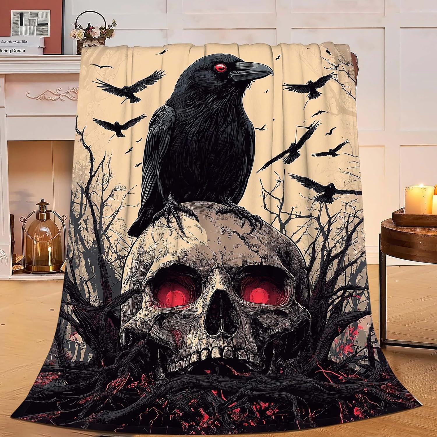 Skull Blanket Skeleton Throw Blanket Crow Gifts for Men Women Boys Girls Kids Adults Super Soft Cozy Plush Fluffy Fuzzy Fleece Blanket Decor 60''X80''