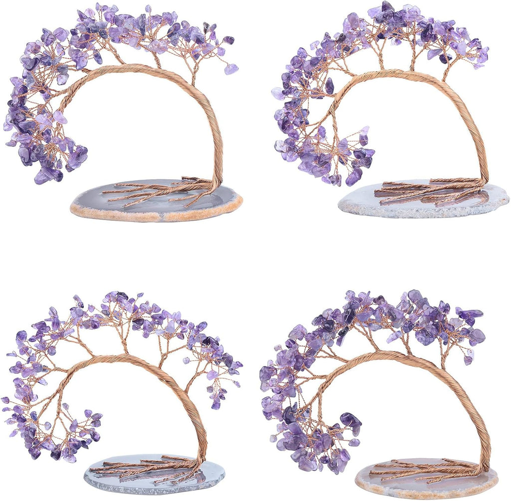 mookaitedecor Natural Amethyst Crystal Money Tree Agate Slice Base Feng Shui Bonsai Crystal Tree for Wealth Luck Desk Decor, 4.5-5.2 Inch High