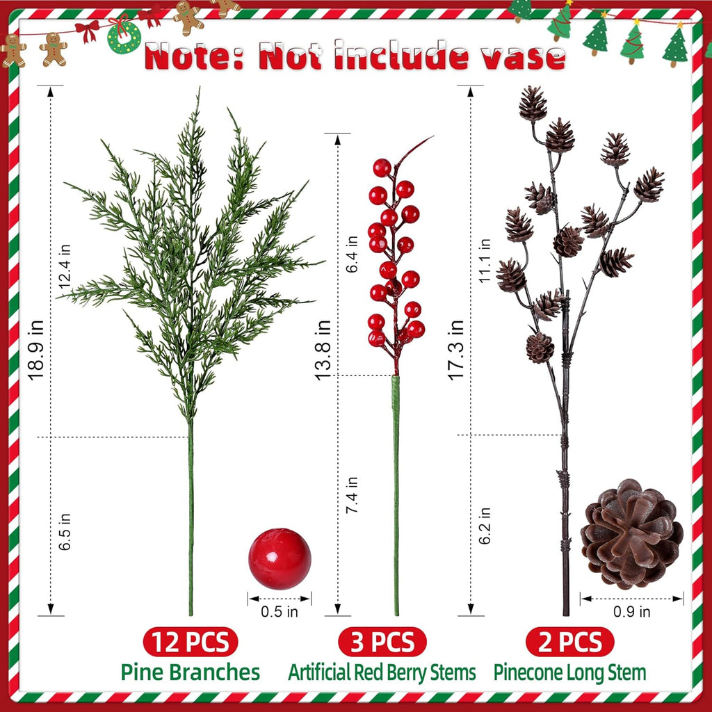 Faux Cedar Stems Artificial Norfolk Pine Branches for Christmas Decorations, 17 PCS Faux Pine Stems with Pinecones Red Berries Branches Realistic Faux Greenery for Vases DIY Garland Xmas Table Indoor