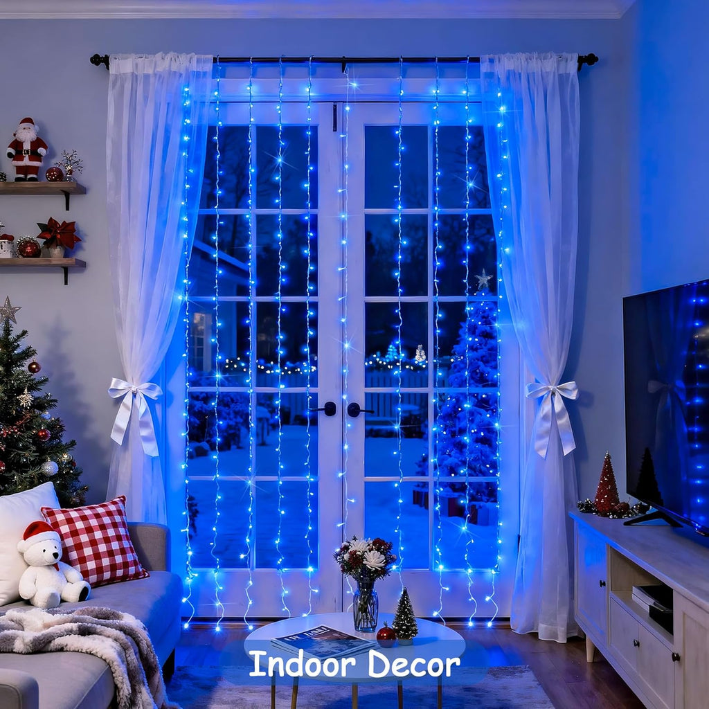 JMEXSUSS 300LED Christmas Curtain Lights, Blue Christmas Lights with Remote, Blue String Lights for Bedroom Wall Window Backdrop Garden Indoor Outdoor Patio Yard Porch Decorations, 9.8x9.8ft