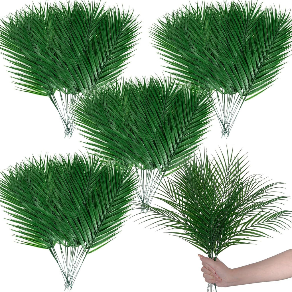 XONOR Artificial Palm Leaves, Fake Tropical Leaves, Faux Palm Leaf with Stem for Jungle Hawaiian Dinosaur Luau Party Table Decoration Wedding Birthday Theme Party Decoration (100Pcs, 16.5'')