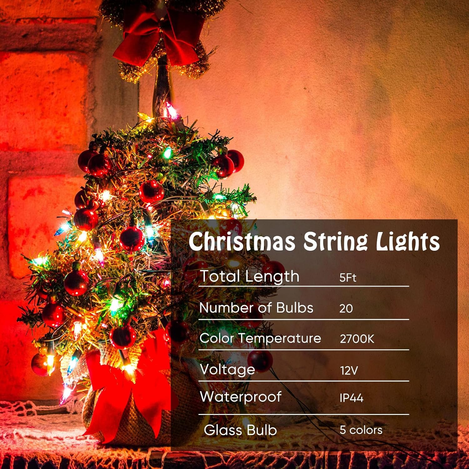 Mini Christmas Lights String Warm White Vintage Short Strand String Lights, Clear Bulbs Wire Fit Light up Christmas Decorations (20 Bulbs No Connectable,5ft,Green)