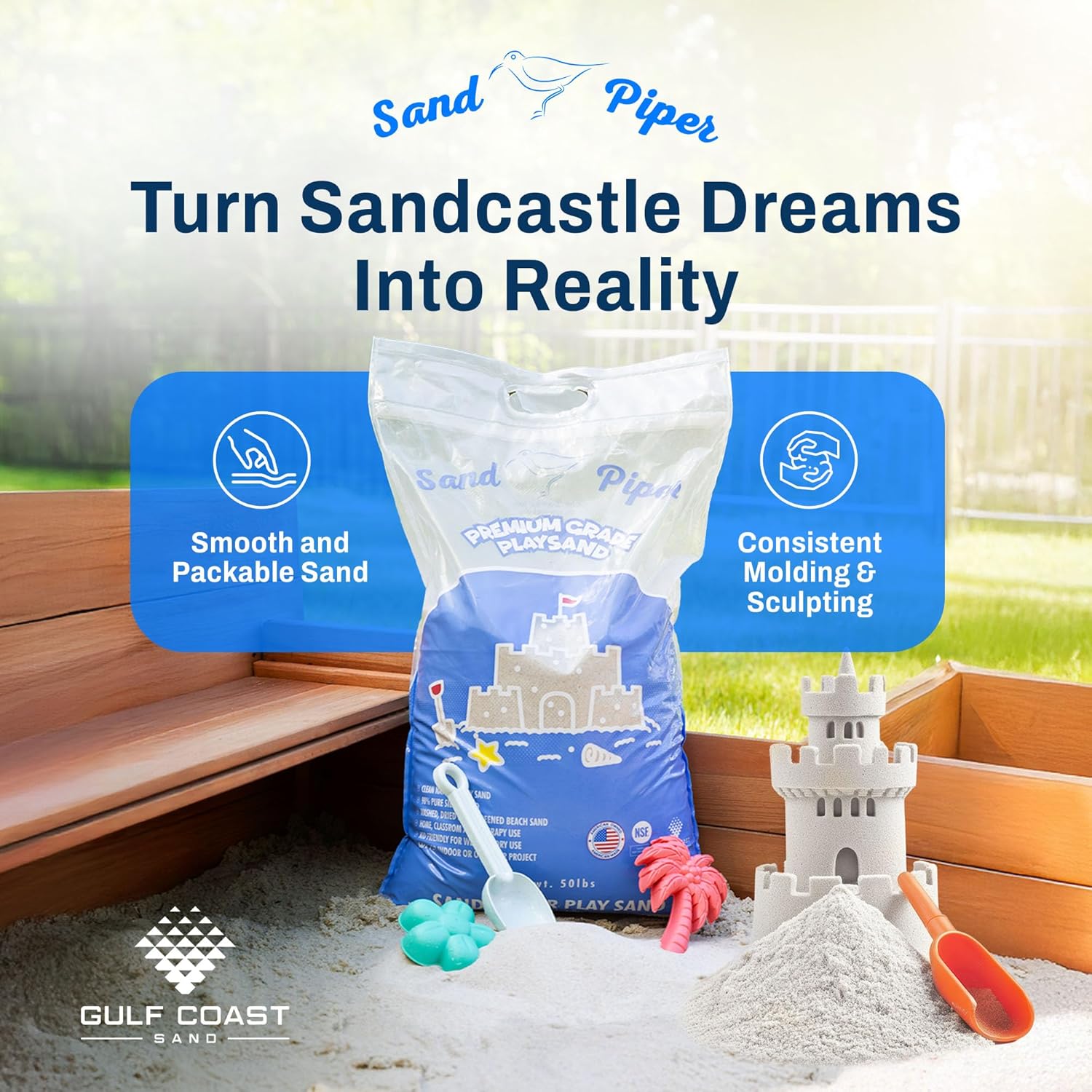 Sandpiper Multiuse Play Sand for Kids - 50 Lbs Indoor Outdoor Silica Sand for Sandbox, Craft Table, Sensory Bin Filler, & Building Beach Castles