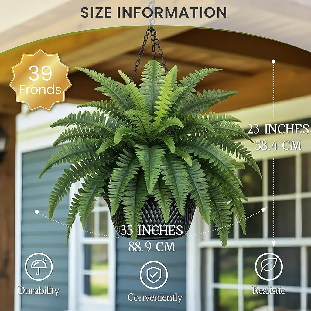 Fake Ferns, 35IN Large Fake Bush Plants, 2 Articial Boston Ferns with 39 Fronds for Outdoor Hanging Planter Garden Porch Entrance Home Decor