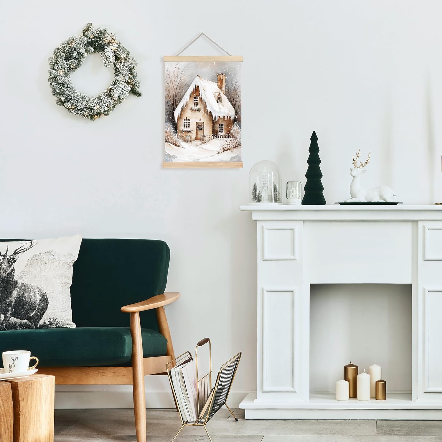 FDHSPAAM Neutral Christmas Cottage Wall Art Decor, Vintage Christmas Decor, Cozy Winter Rustic Snow Covered Houses Wall Art Posters for Home Bedroom Living Room, 12x16 Inch
