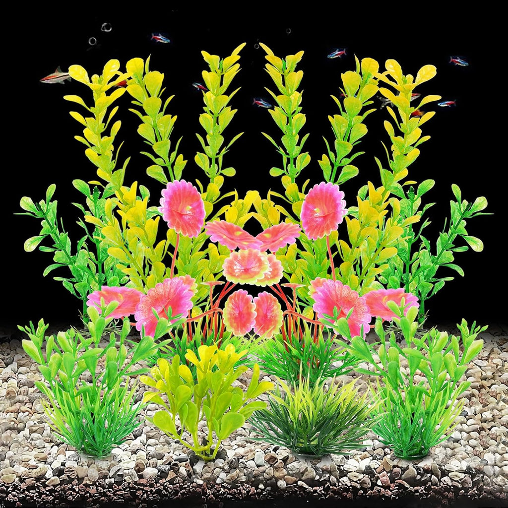 AQUANEAT Artificial Fish Tank Plants, Plastic Aquarium Decorations, Yellow Accessories, 10pcs