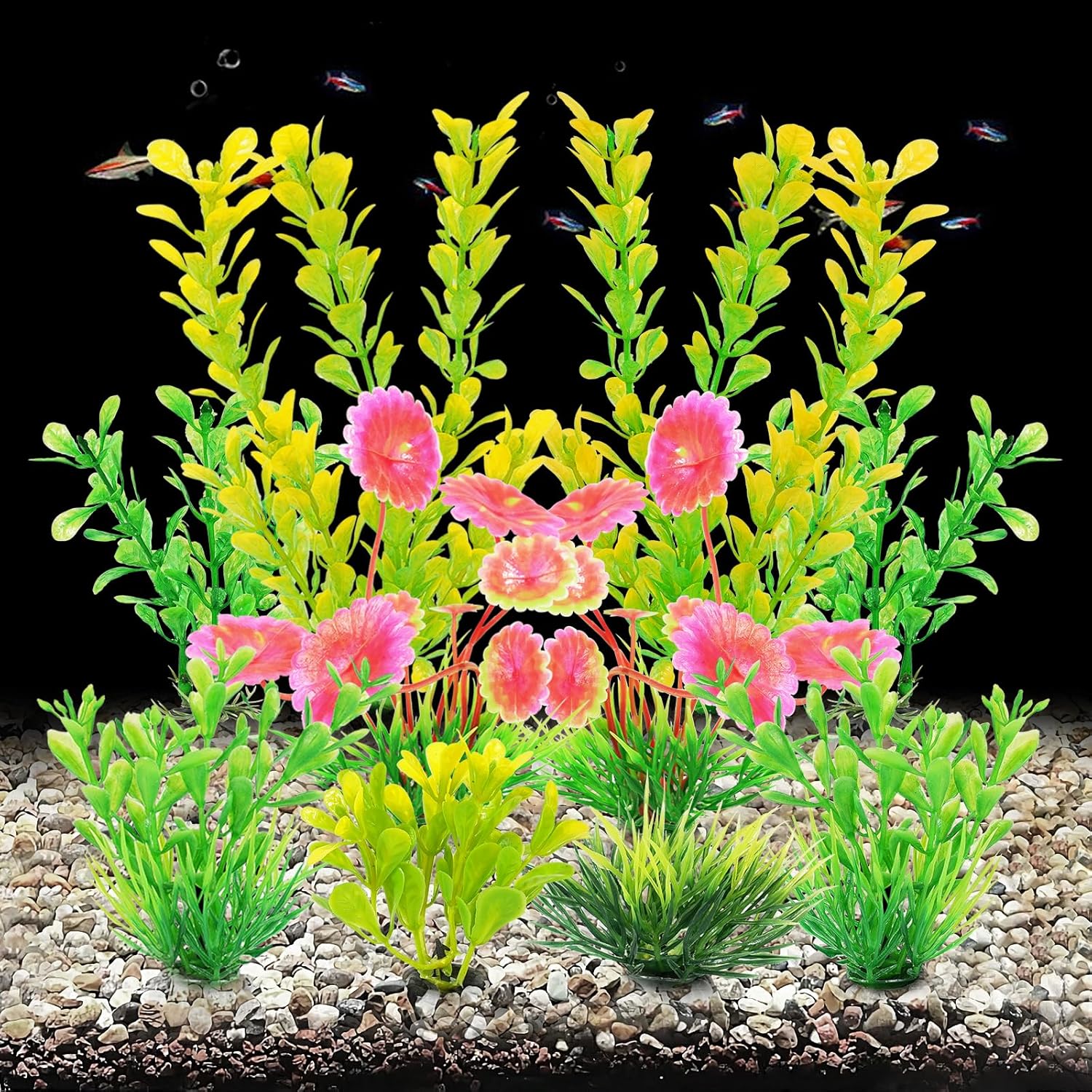AQUANEAT Artificial Fish Tank Plants, Plastic Aquarium Decorations, Yellow Accessories, 10pcs