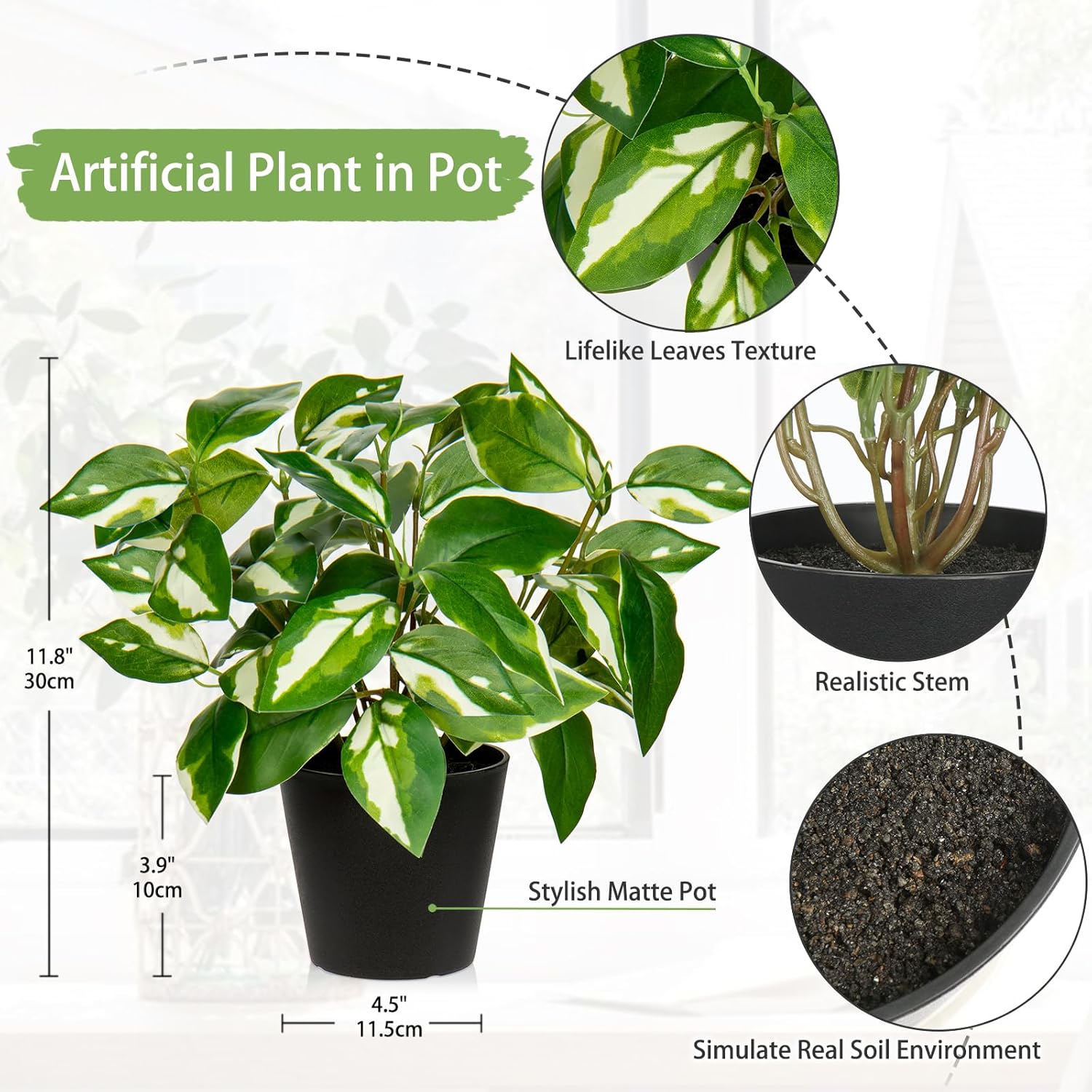 Oairse Artificial Plants Indoor Small Fake Plants in Pots Faux Pothos N‘ Joy Potted Plant Fake Indoor Plants with Black Pots for Bathroom Living Room Office Desk Shelves