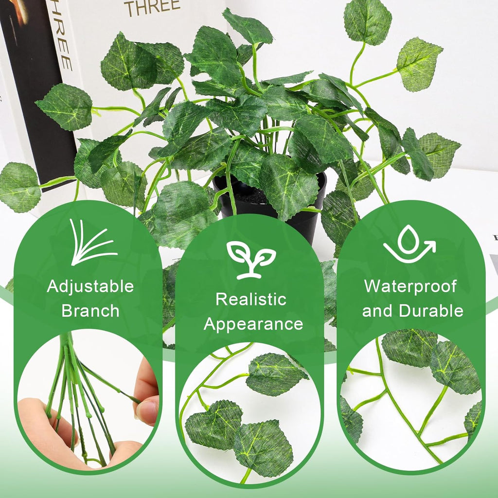 Folmywy 2 Pack Artificial Hanging Plants Vines with Pot Fake Greenery Potted Plant Grape Leaves Decoration Faux Ivy Foliage for Home Indoor Outdoor Living Room Shelf Kitchen Office