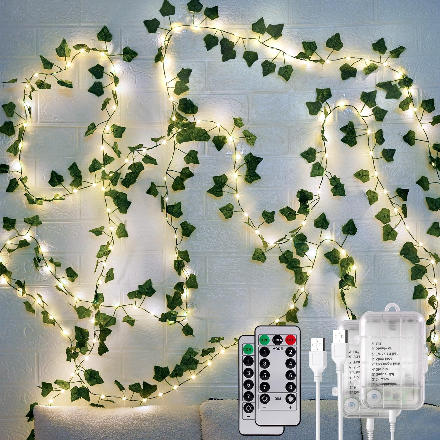 OMIKA 2 Pack 40FT 120LED Vine Fairy Lights Battery Operated, 8 Modes & Timer Ivy String Lights with Remote, Green Leaf Light for Indoor Bedroom Classroom Wall Garden Party Wedding Decor (Warm White)