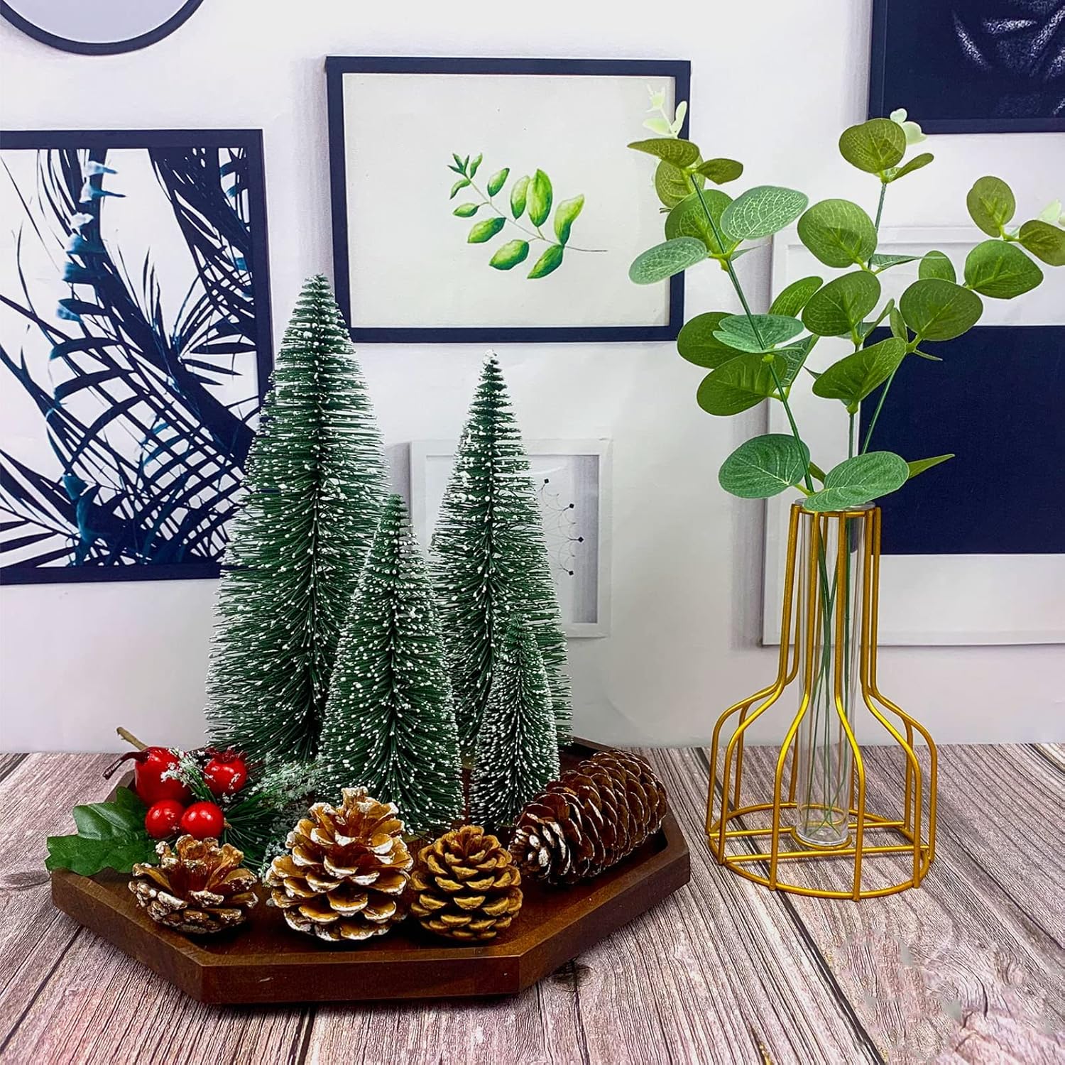 Desktop Miniature Christmas Trees Mini Pine Tree 5pcs with Snow and Wood Base for Xmas Holiday Party Home Tabletop Decor