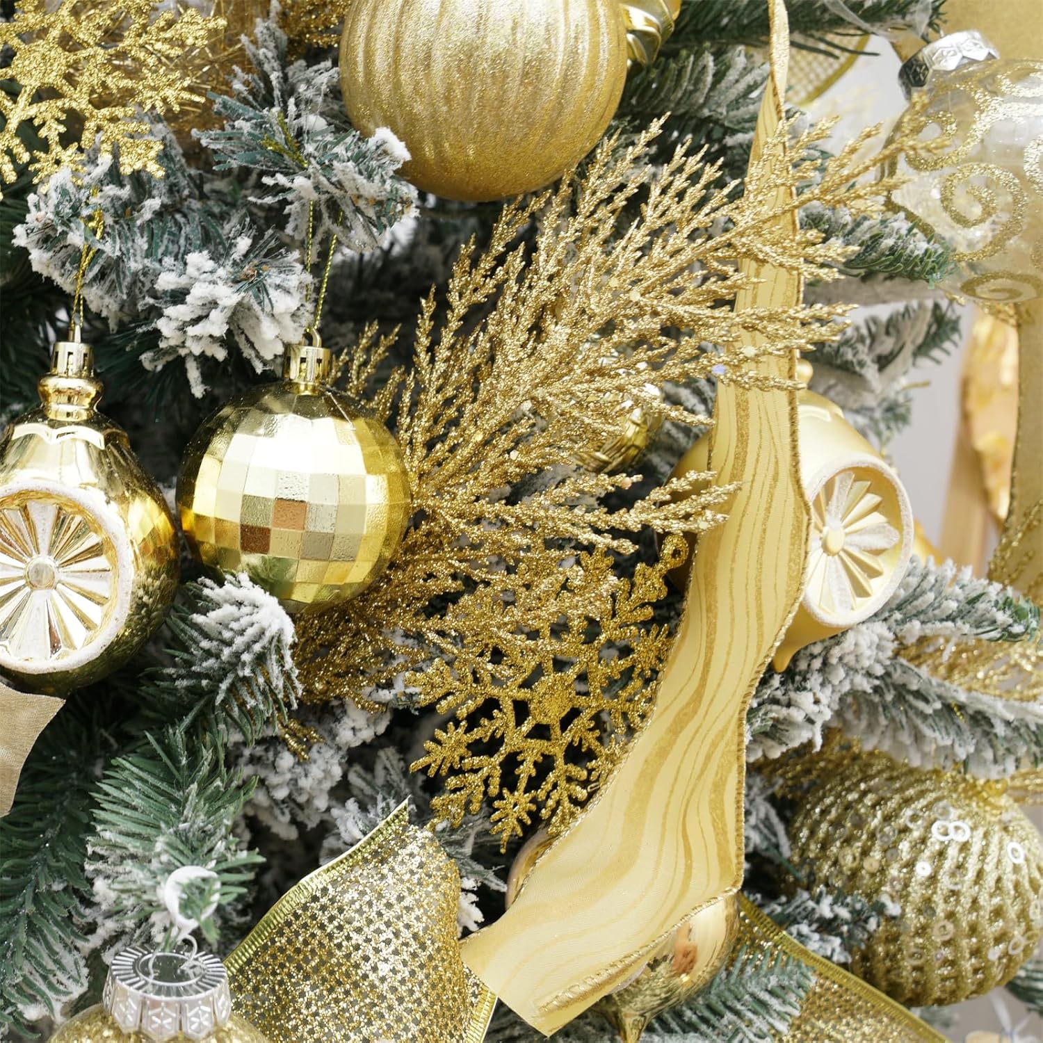 Christmas Glitter Stems 24pcs Artificial Pine Tree Picks for Christmas Tree Ornaments fillers, DIY Xmas Wreath, Crafts, Garland, Holiday, Party, Wedding and Home Decoration(Gold)