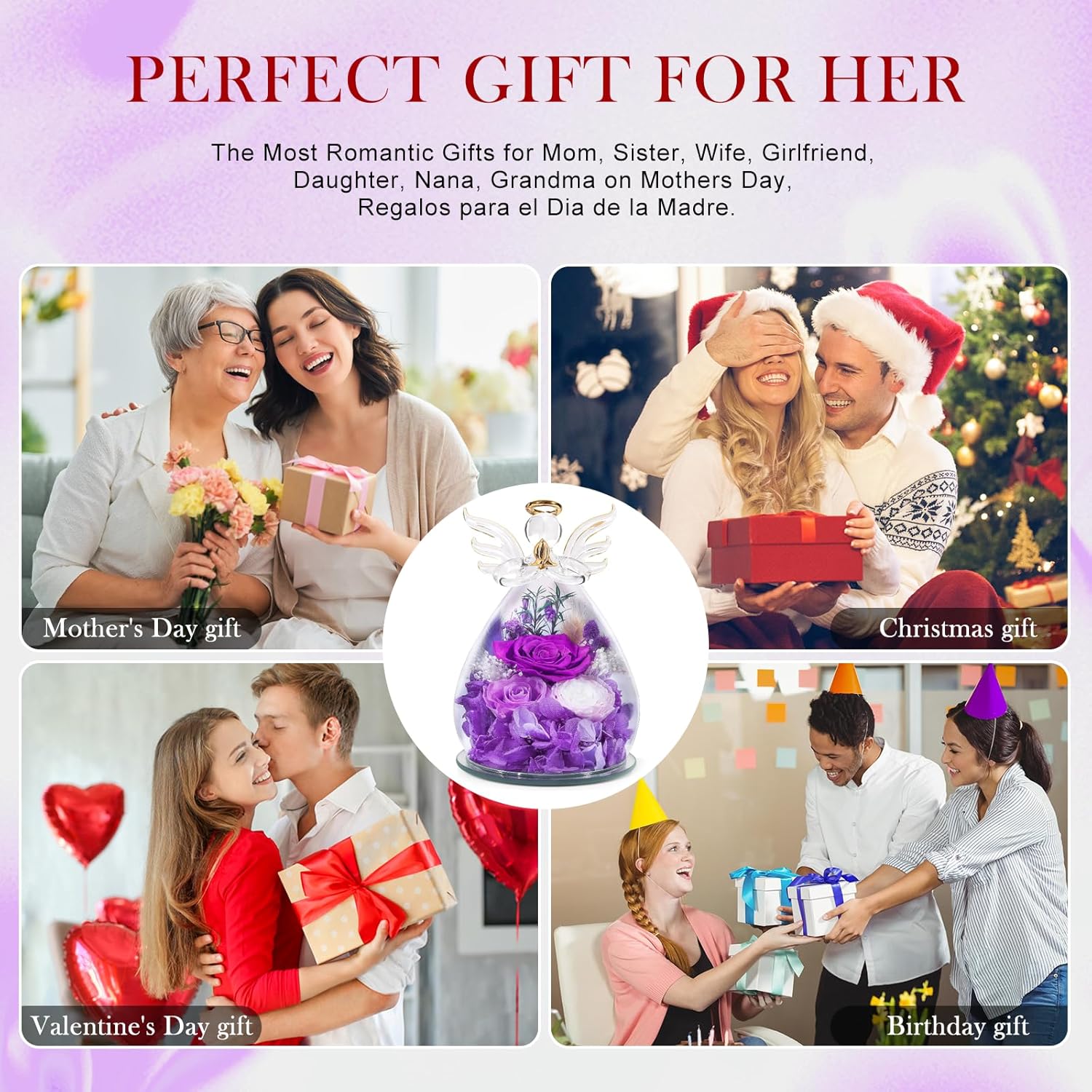 FIACO Gifts for Women Birthday Gifts for Mom Preserved Rose Forever Flower in Glass Angel Figurines Fresh Flowers for Delivery Prime Real Purple Roses for Grandma Sister Wife Her from Daughter