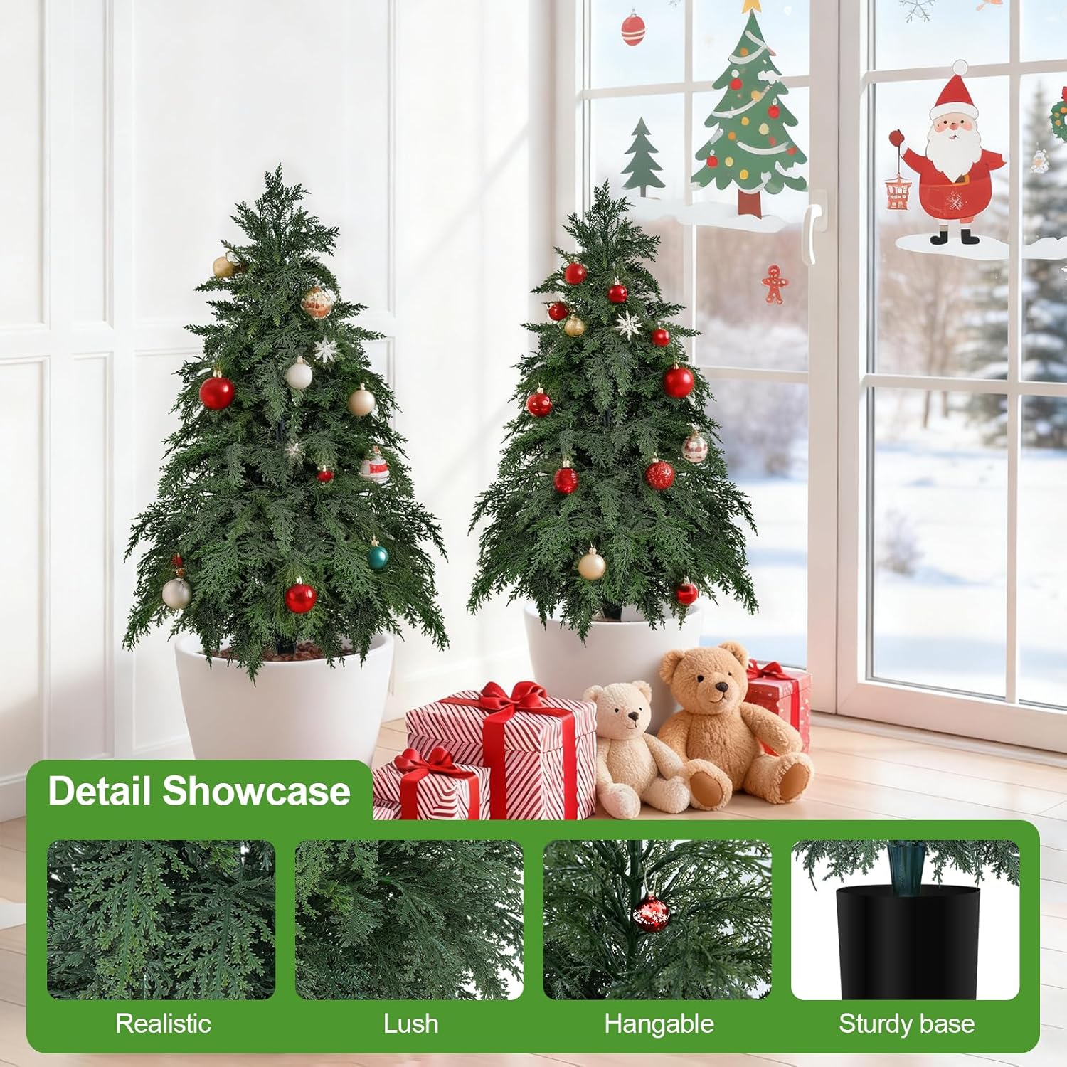 2Pack Artificial Topiary Trees, 3FT Faux Cypress, Faux Evergreen Pine Shrubs Plants with Pot, Potted Plants for Front Porch Indoor Outdoor Garden Christmas Decor