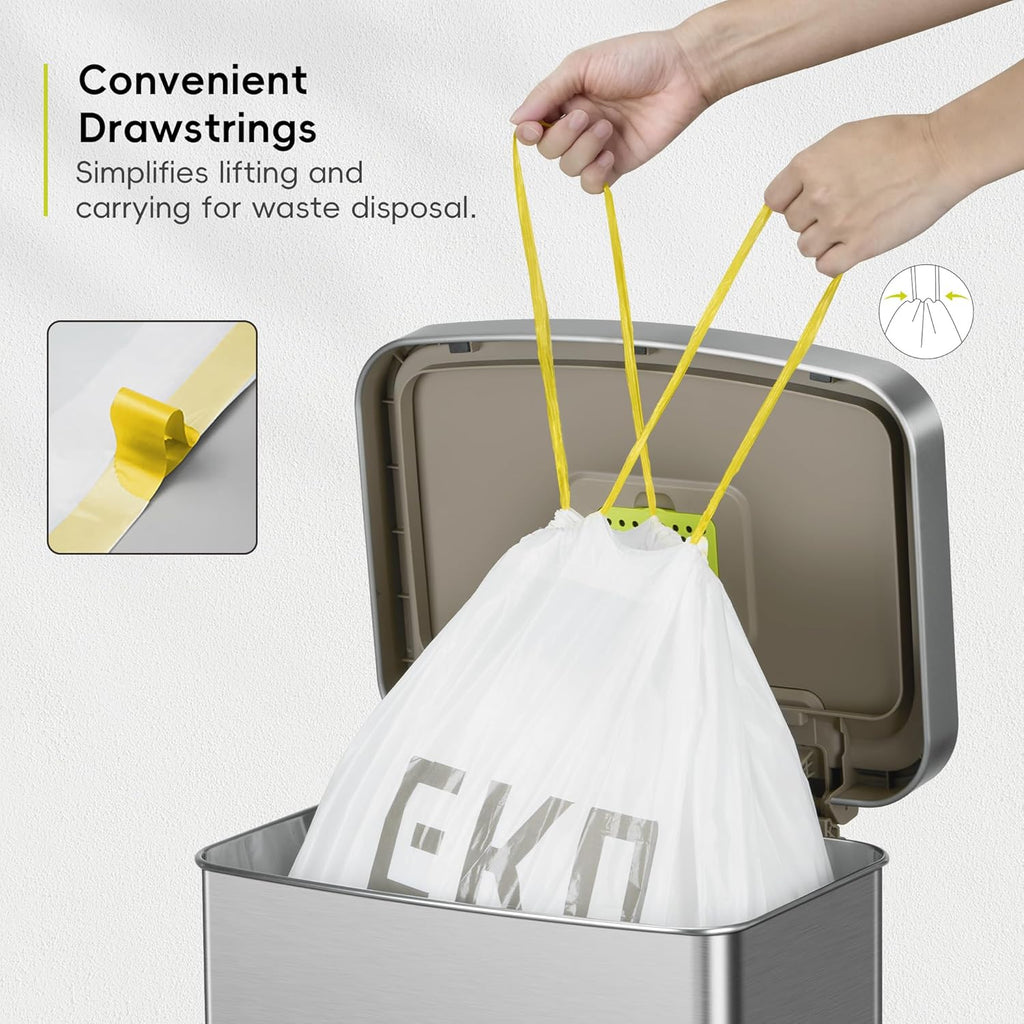 EKO 21 Gallon / 50-90 Liter, 60 Count Drawstring Trash Bags, Extra-Strong Garbage Bags, Fresh Floral Scent with Continuous Odor Control, Easy-Dispense Roll for Kitchen and Household Use, Code G, White