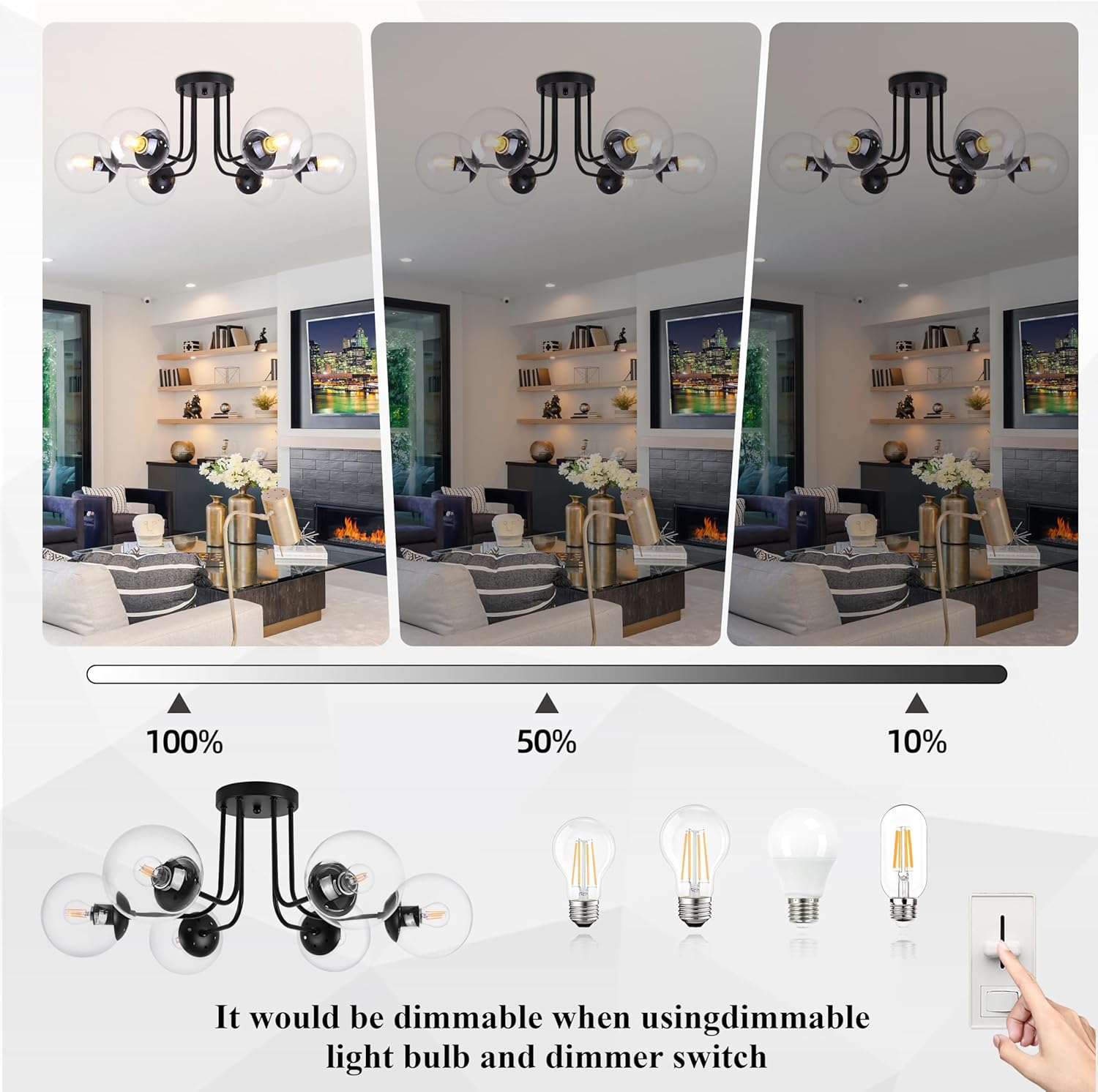 KoKo&Yukina 6-Light Modern Semi Flush Mount Ceiling Light Fixture Mid Century Ceiling Light Globe Ceiling Light with Clear Glass Shade Matte Black Finish for Bedroom Hallway Dining Room Living Room