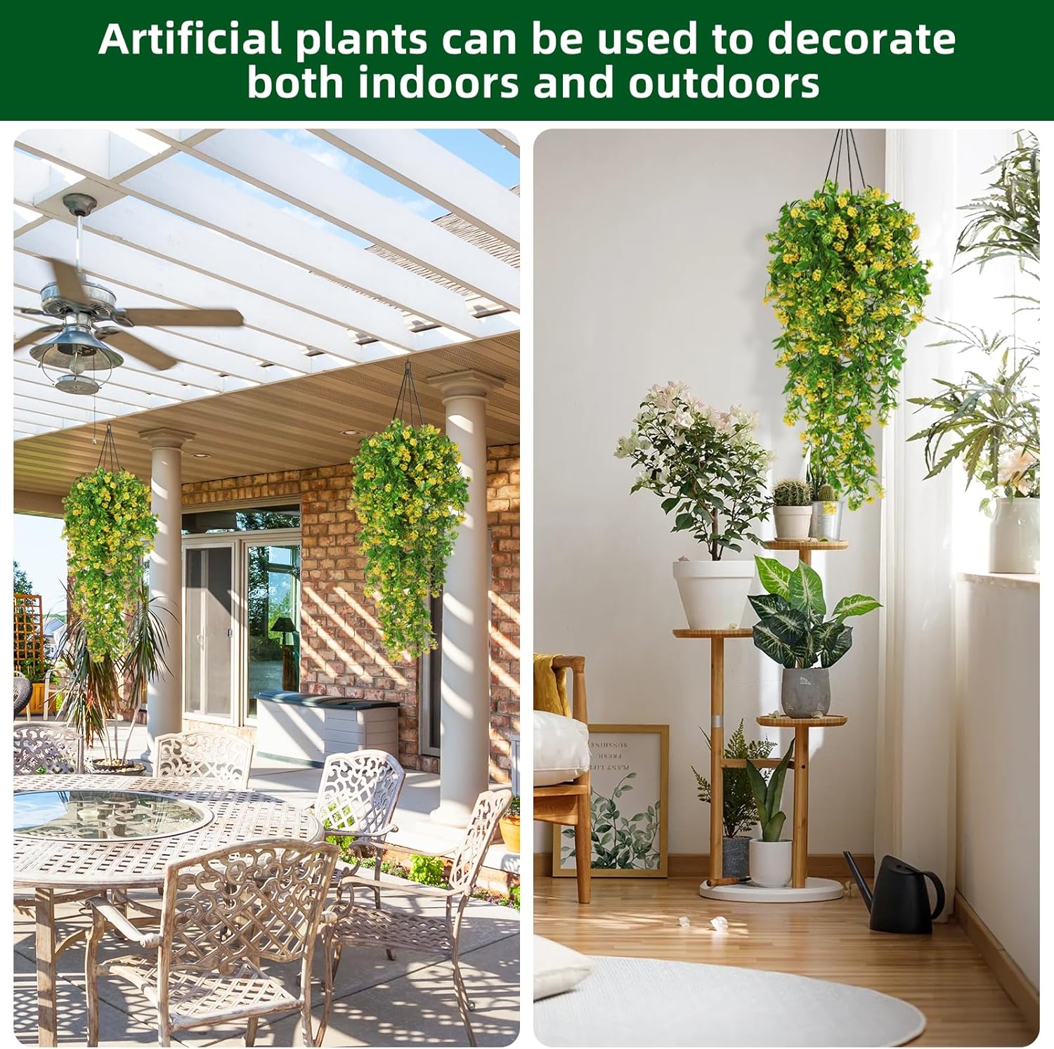 RECUTMS Hanging Plants Fake Vines Fake Hanging Plants Outdoor Greenery Faux Greenery 2Pcs Artificial Hanging Flower for Outdoors Hanging Basket Plastic Home Garden Wedding Party Decorations(Yellow)