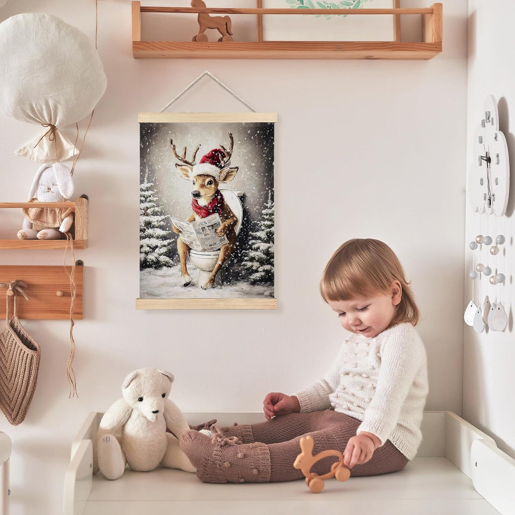 FDHSPAAM Funny Christmas Deer Bathroom Wall Art Decor, Christmas Bathroom Decor, Vintage Holiday Xmas Tree Rustic Winter Wall Art Posters for Washroom Restroom, 12x16 Inch