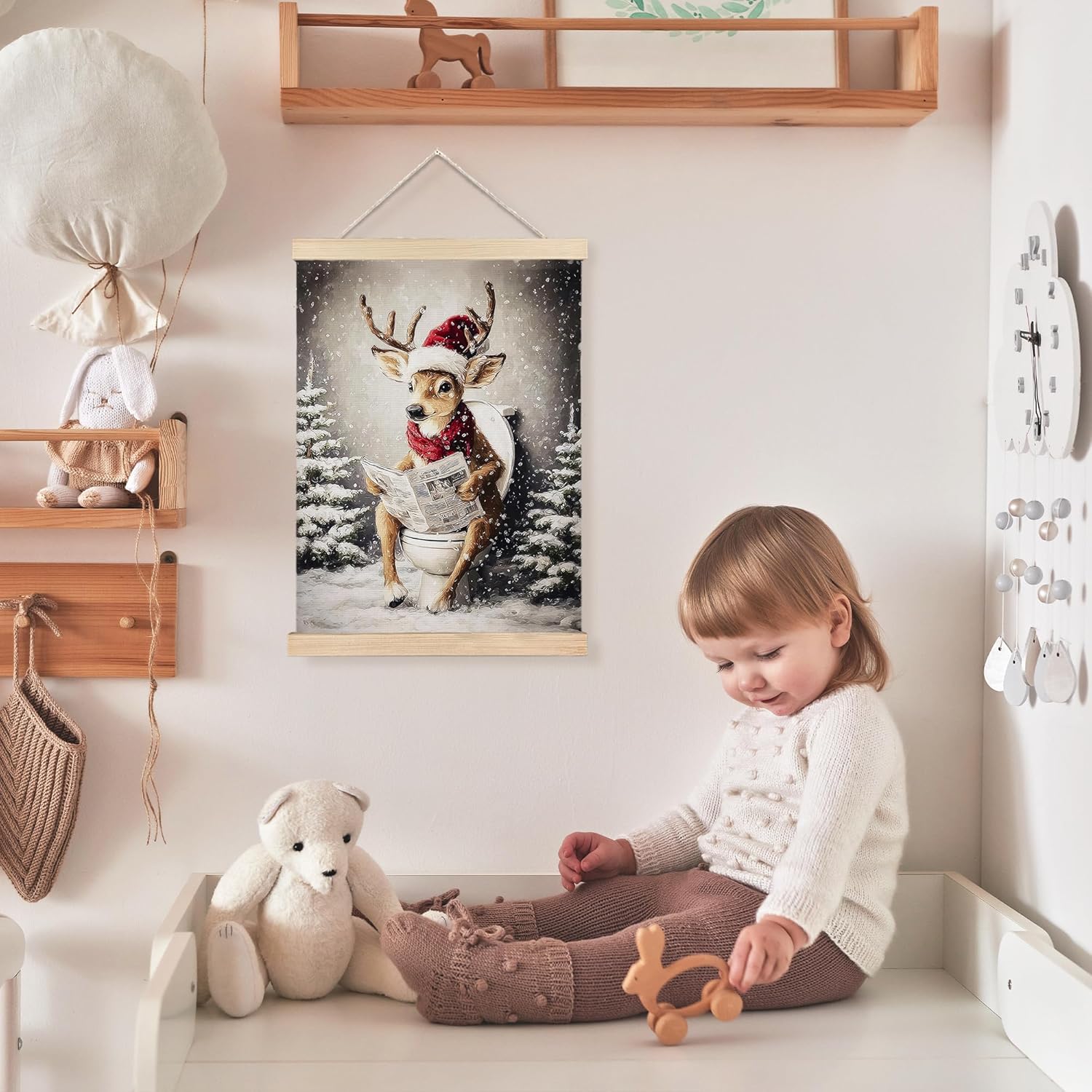 FDHSPAAM Funny Christmas Deer Bathroom Wall Art Decor, Christmas Bathroom Decor, Vintage Holiday Xmas Tree Rustic Winter Wall Art Posters for Washroom Restroom, 12x16 Inch