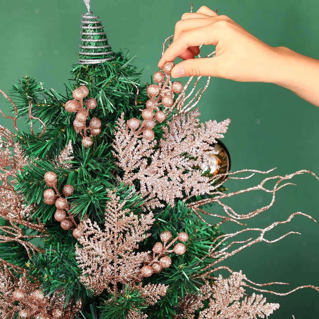 75 Pcs Christmas Glitter Branches 3 Styles Artificial Christmas Picks Berries Stems Pine Needles Floral Twig Spray for Xmas Tree Ornaments DIY Wreath Garland(Rose Gold)