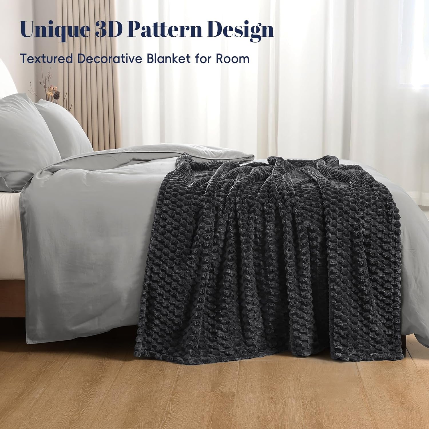PHF Ultra Soft Flannel Fleece Throw Blanket, Lightweight 3D Jacquard Fleece Blanket, No Shedding, No Pilling, Luxury 340GSM Aesthetic Fluffy Cozy Throws for Couch Room Decor, 50"x60", Dark Grey