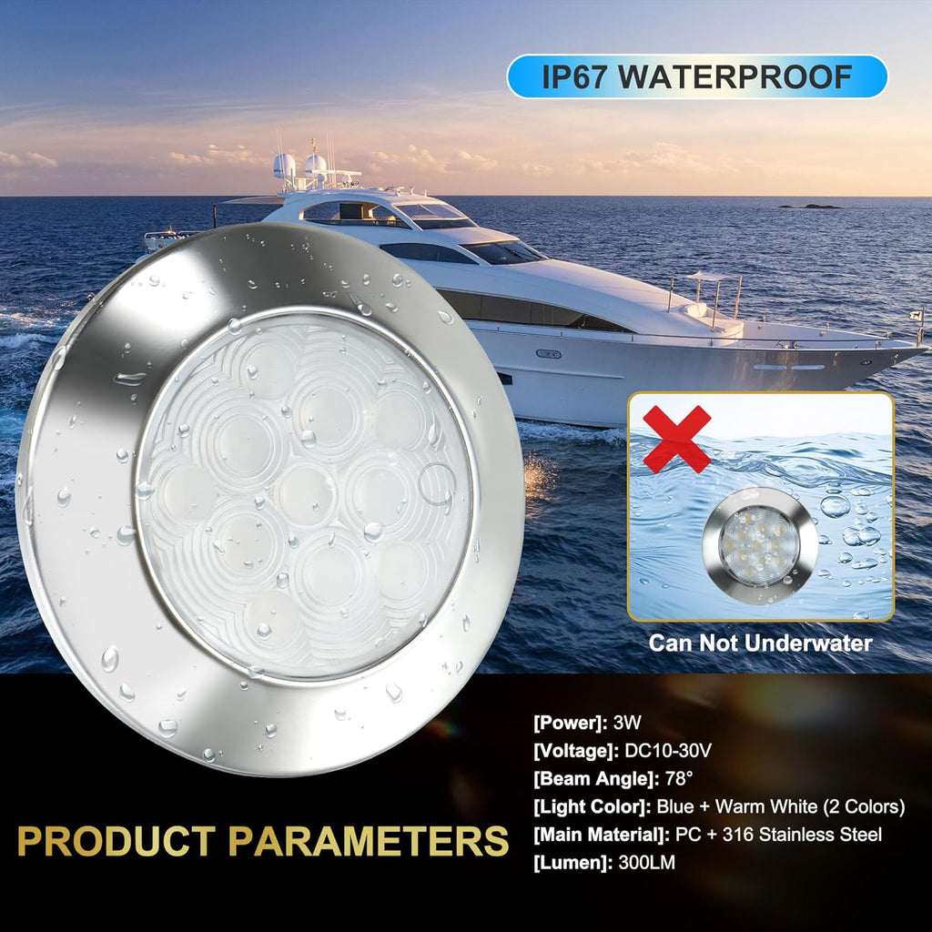 Goldlife B3 LED Marine Courtesy Light Boat Interior Light, 2.8" 11LED DC10-30V IP67 316 Stainless Boat Cabin Ceilling Lights, Multicolor Surface Mount RV Transom Deck Yacht Lighting